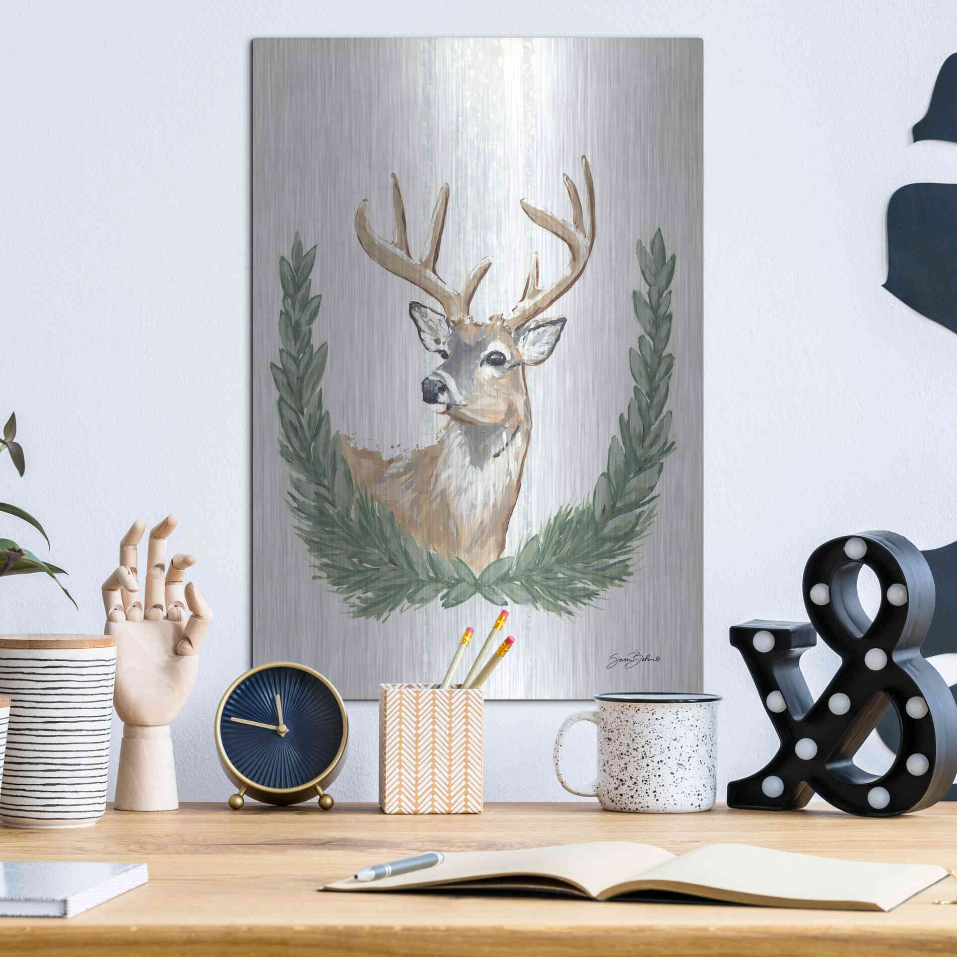 Luxe Metal Art 'Arctic Winter Deer  ' by Sara Baker, Metal Wall Art,12x16