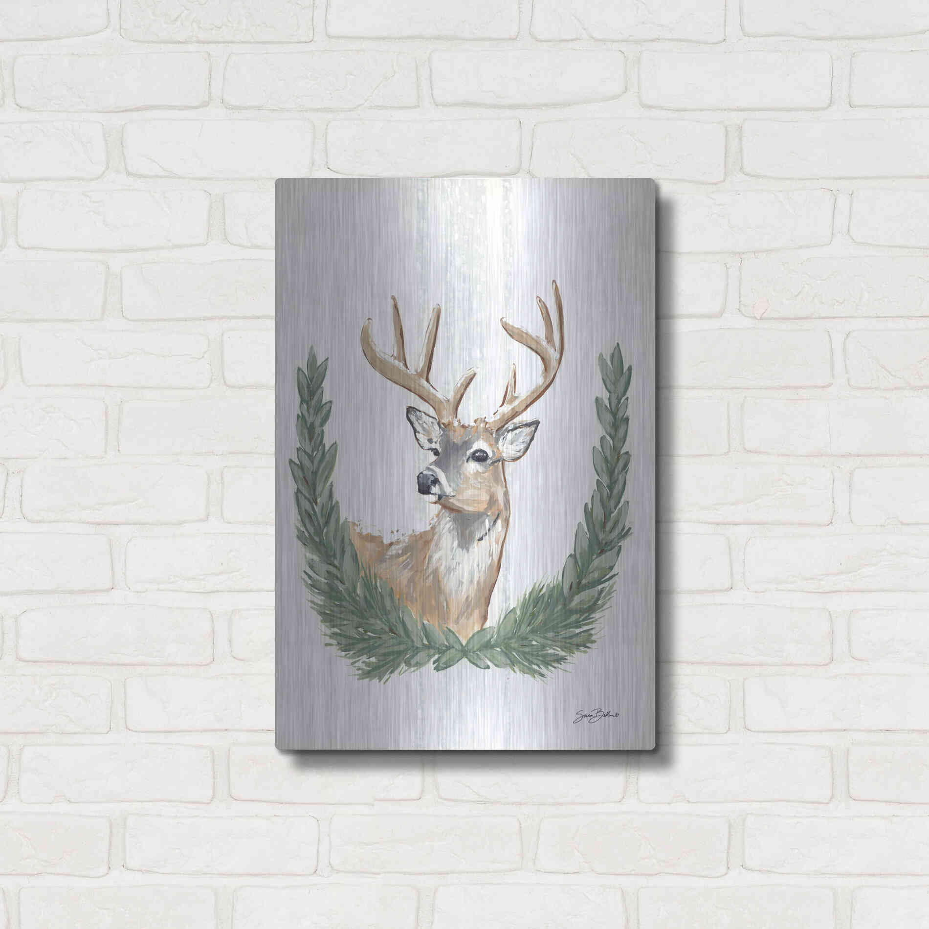 Luxe Metal Art 'Arctic Winter Deer  ' by Sara Baker, Metal Wall Art,16x24