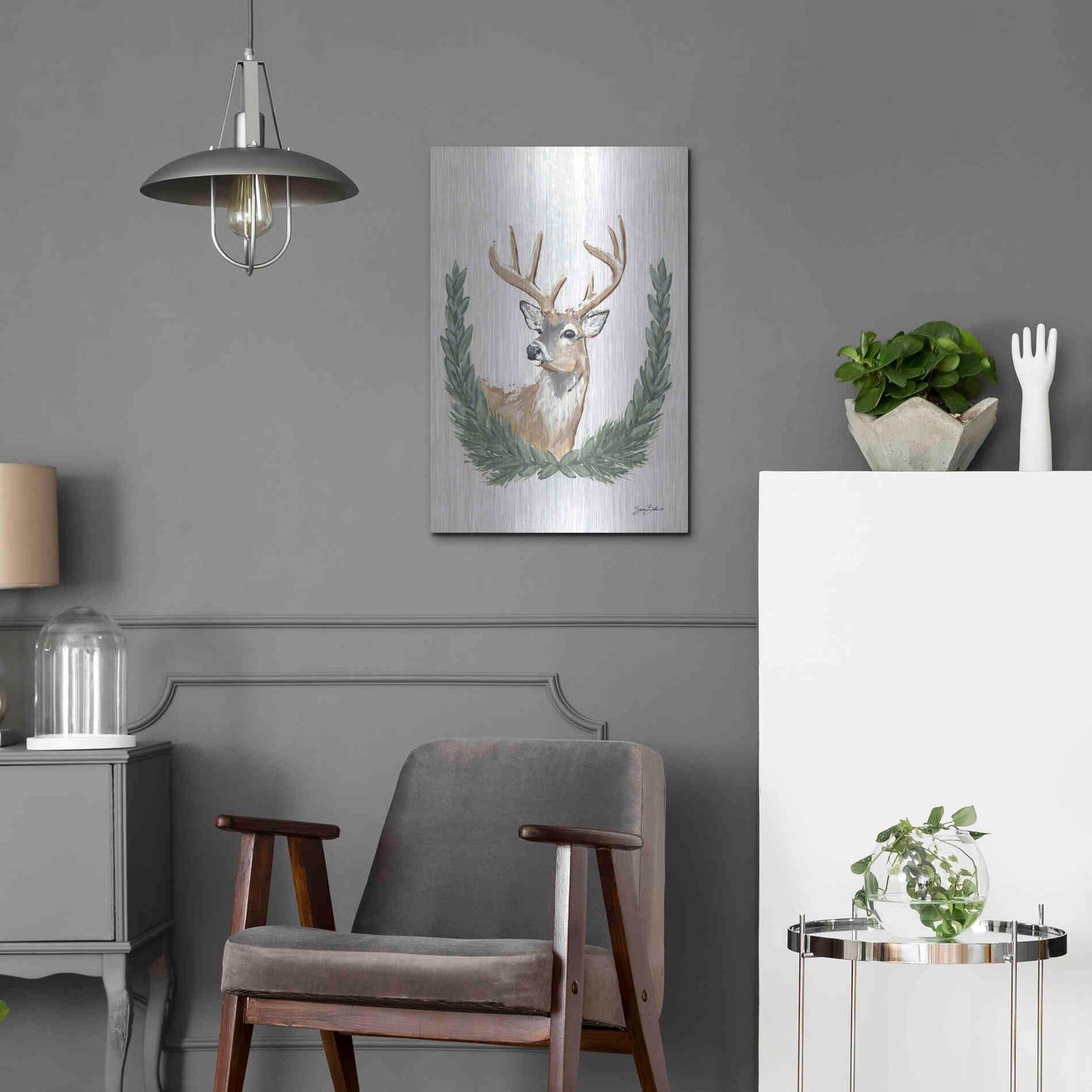 Luxe Metal Art 'Arctic Winter Deer  ' by Sara Baker, Metal Wall Art,16x24