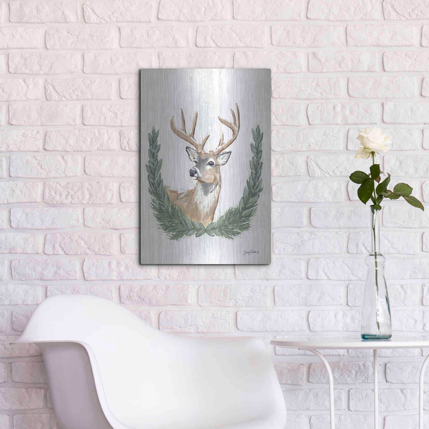 Luxe Metal Art 'Arctic Winter Deer  ' by Sara Baker, Metal Wall Art,16x24