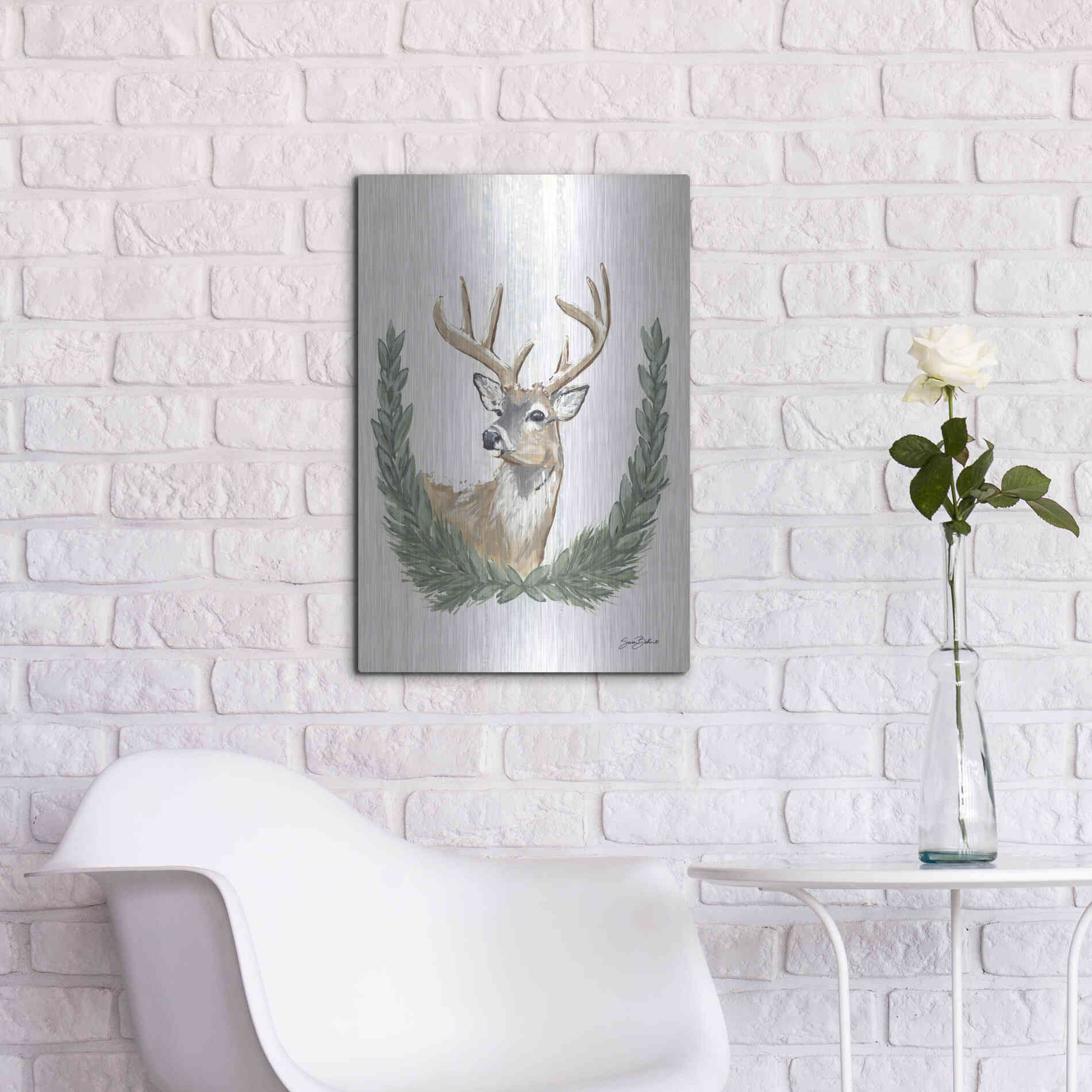 Luxe Metal Art 'Arctic Winter Deer  ' by Sara Baker, Metal Wall Art,16x24