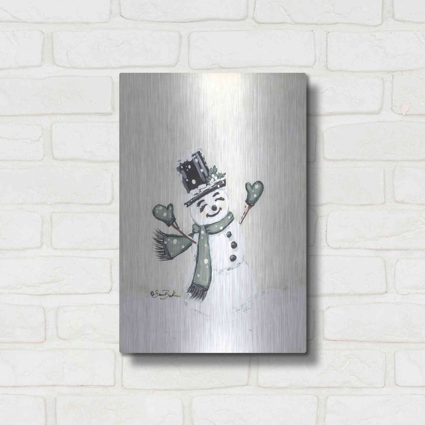 Luxe Metal Art 'Jolly Green Snowman' by Sara Baker, Metal Wall Art,12x16