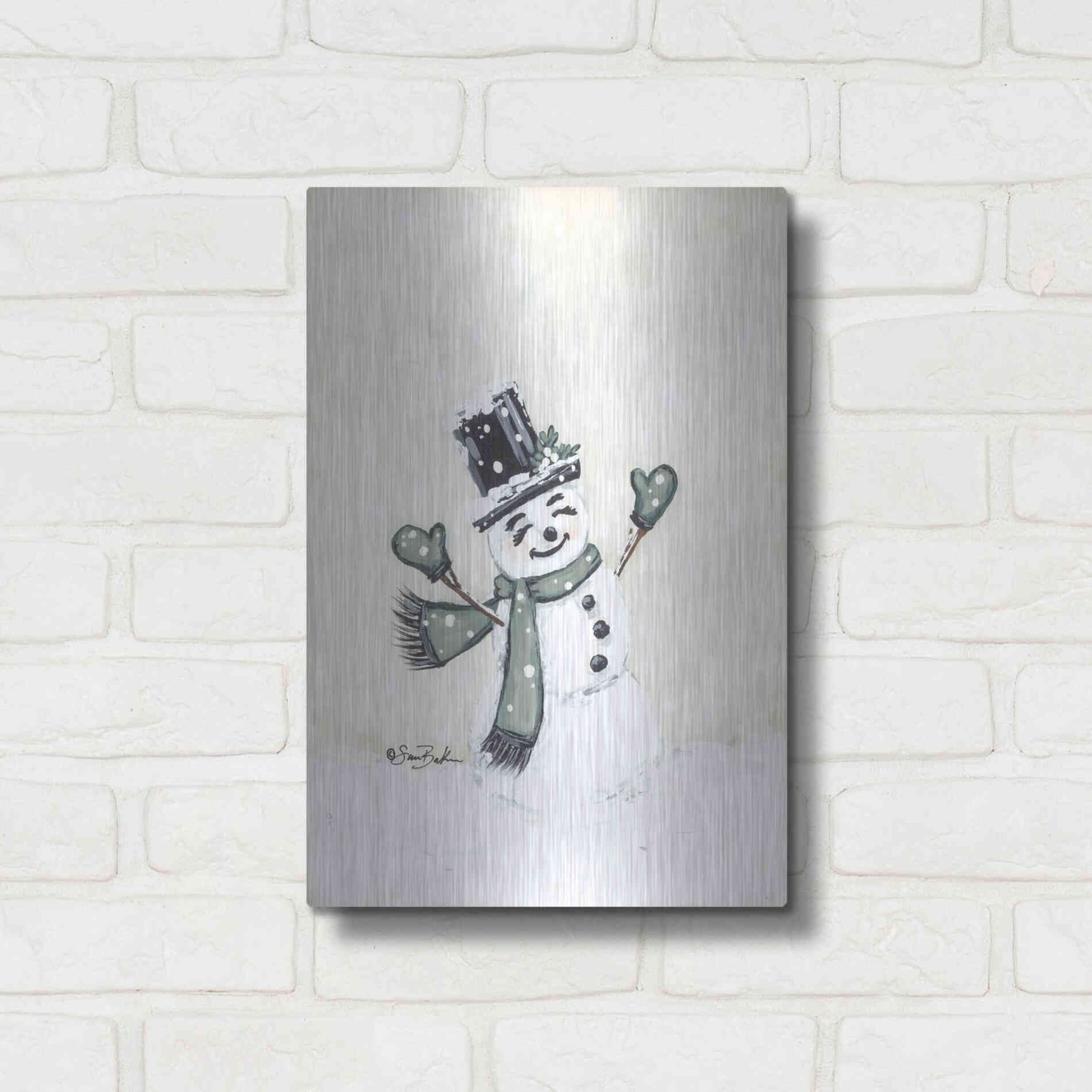 Luxe Metal Art 'Jolly Green Snowman' by Sara Baker, Metal Wall Art,12x16