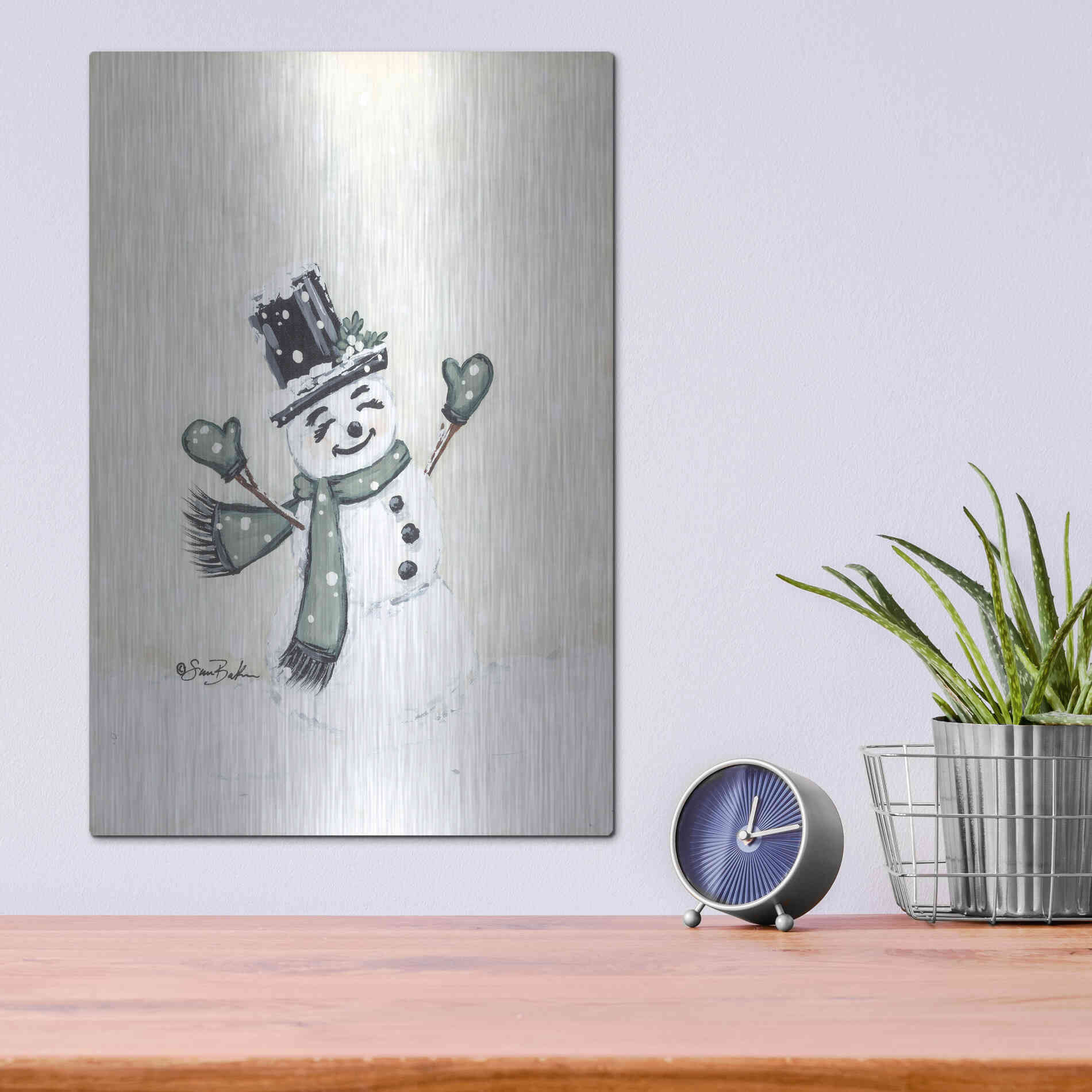 Luxe Metal Art 'Jolly Green Snowman' by Sara Baker, Metal Wall Art,12x16