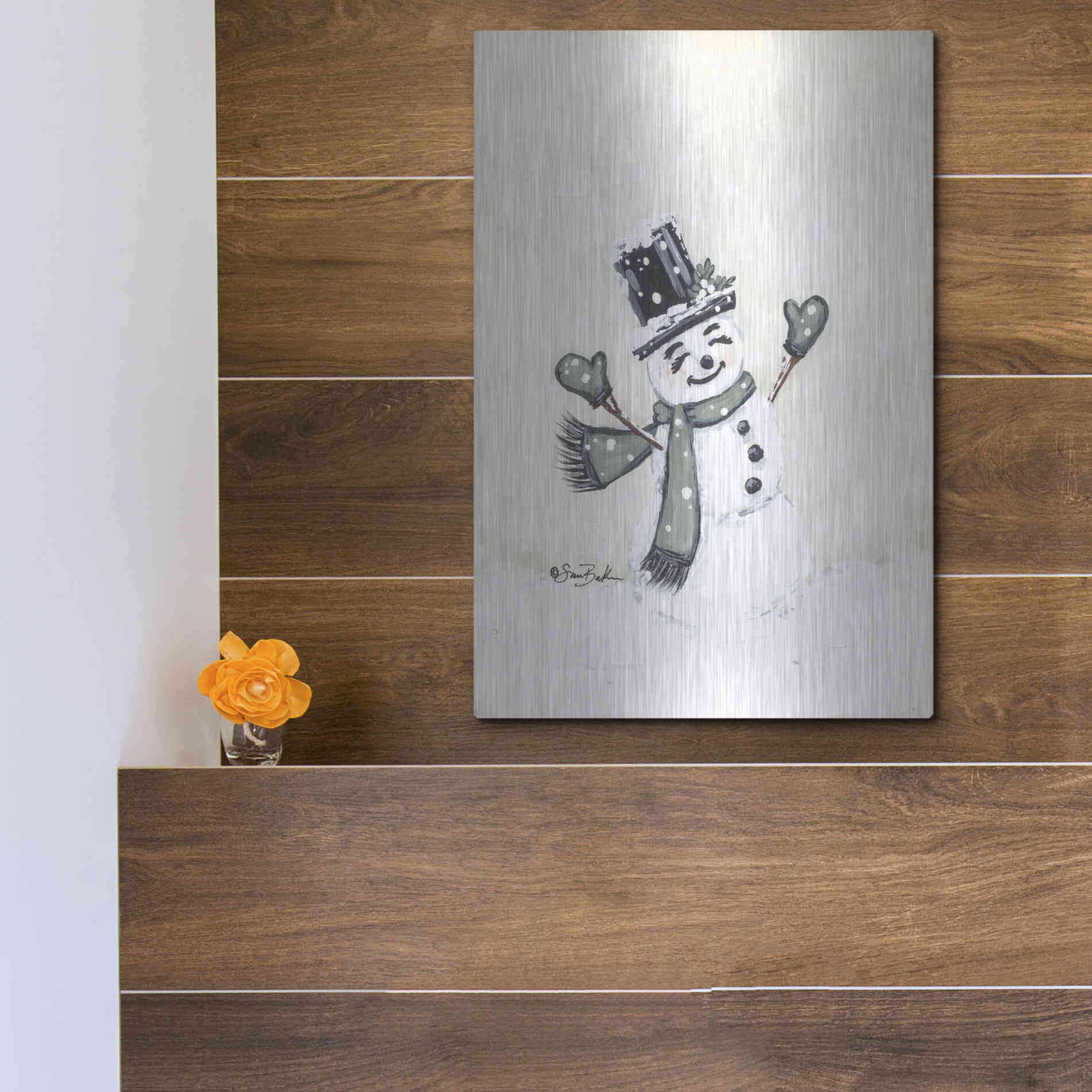 Luxe Metal Art 'Jolly Green Snowman' by Sara Baker, Metal Wall Art,12x16