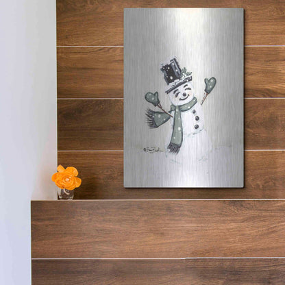 Luxe Metal Art 'Jolly Green Snowman' by Sara Baker, Metal Wall Art,12x16