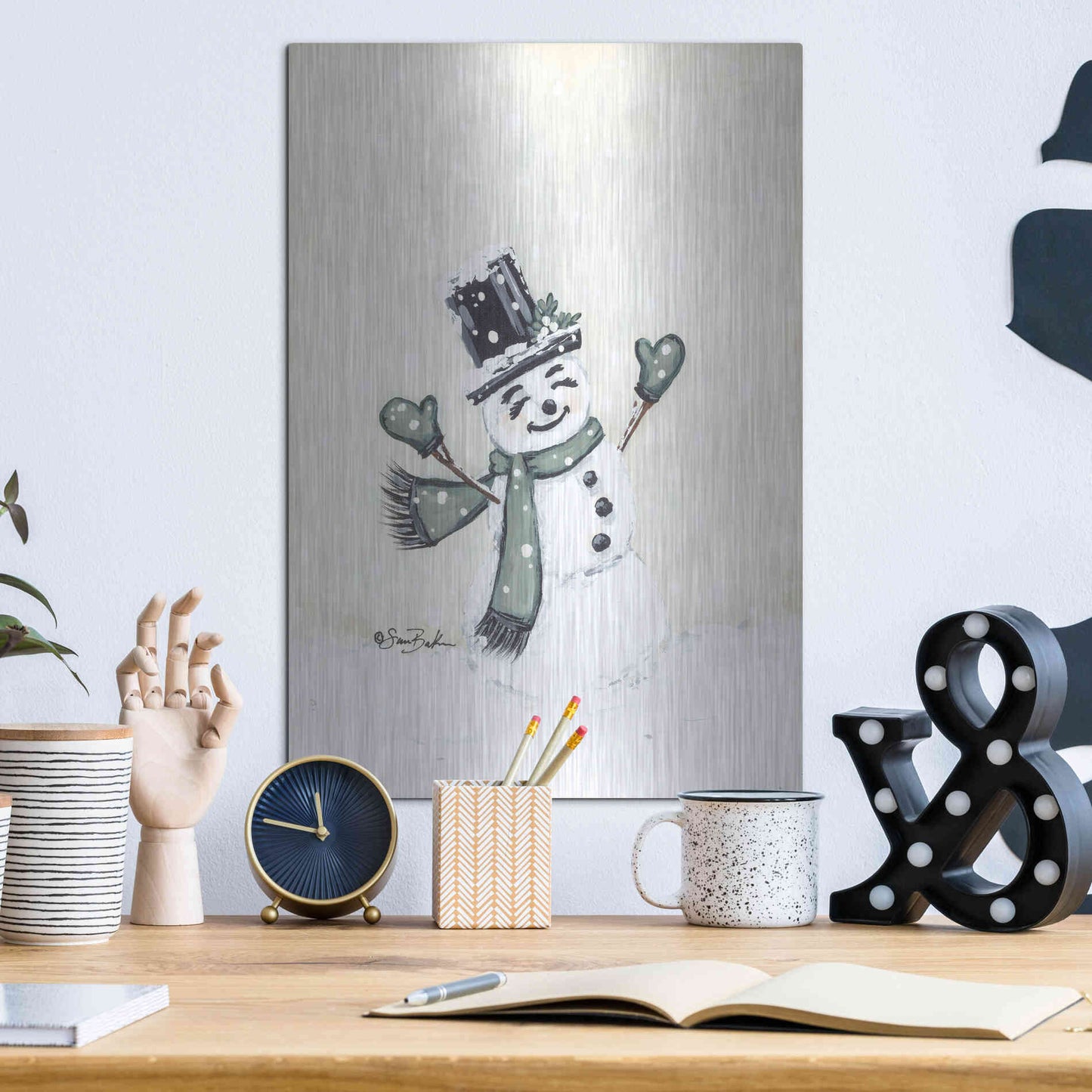 Luxe Metal Art 'Jolly Green Snowman' by Sara Baker, Metal Wall Art,12x16