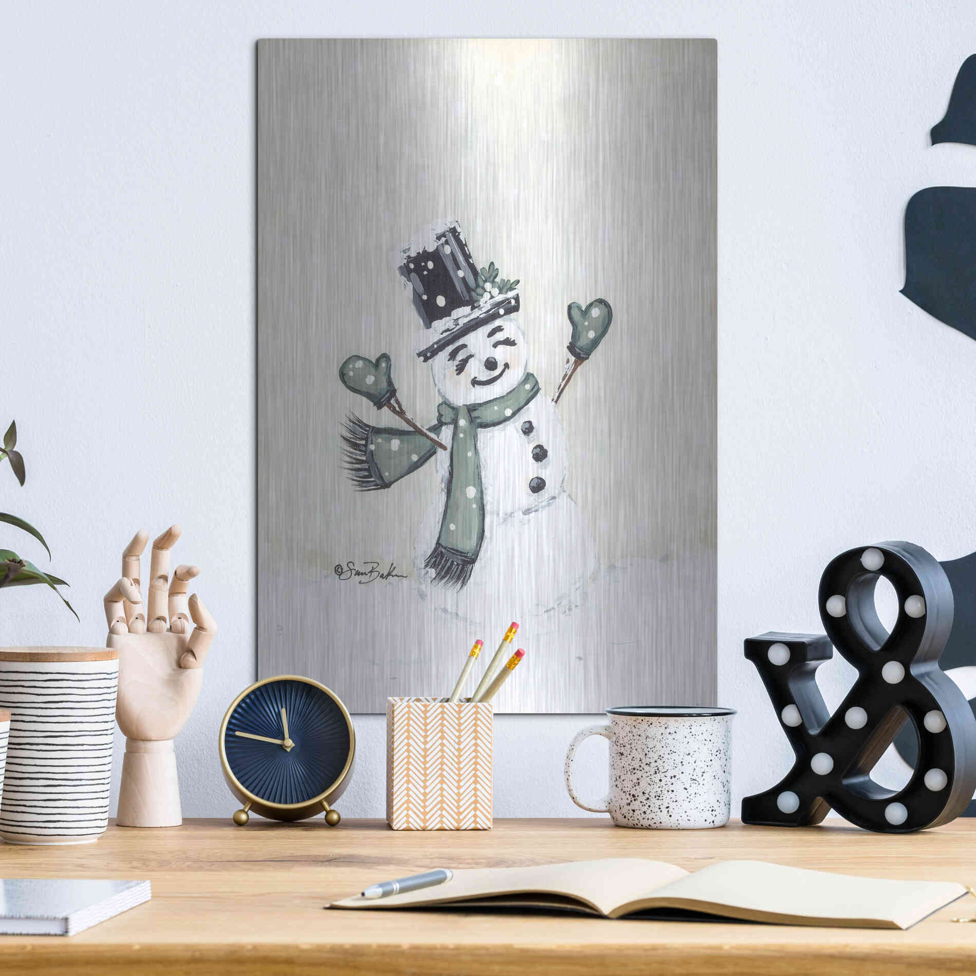 Luxe Metal Art 'Jolly Green Snowman' by Sara Baker, Metal Wall Art,12x16