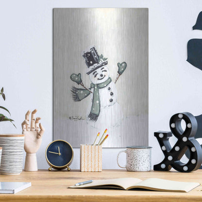 Luxe Metal Art 'Jolly Green Snowman' by Sara Baker, Metal Wall Art,12x16
