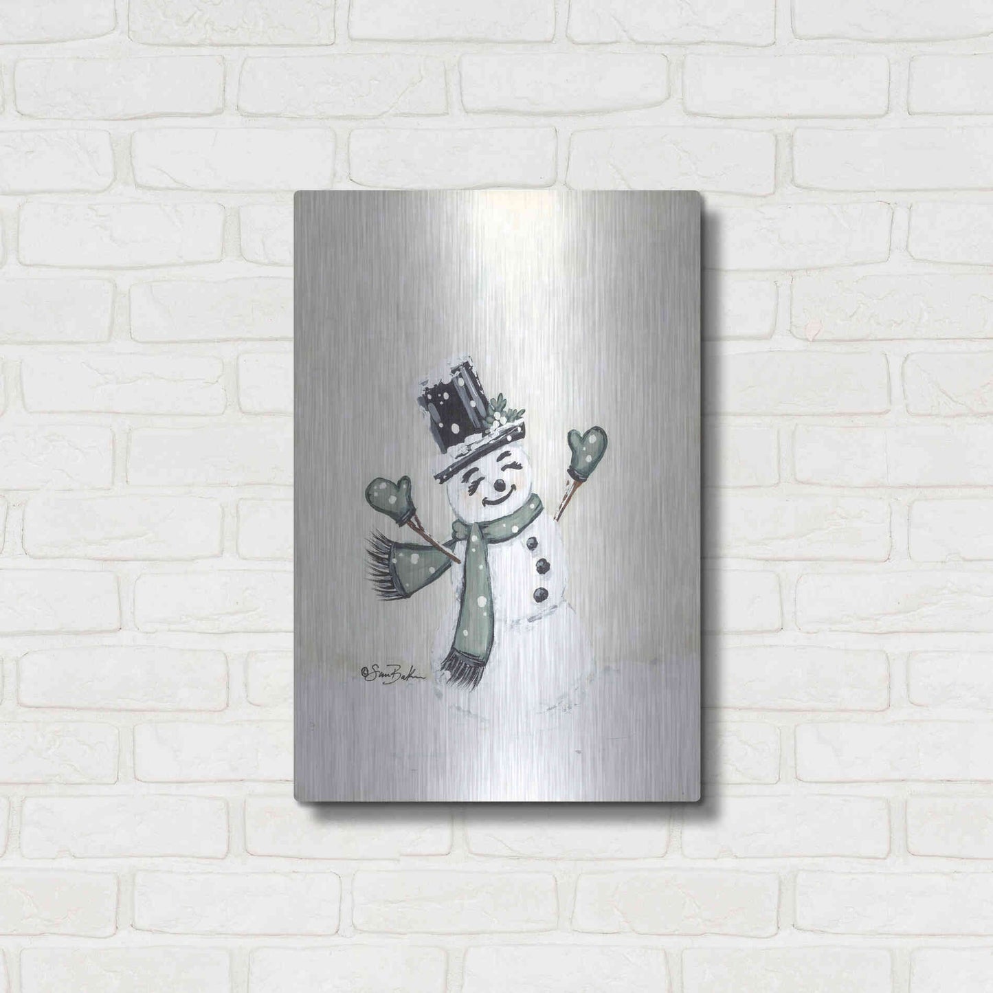 Luxe Metal Art 'Jolly Green Snowman' by Sara Baker, Metal Wall Art,16x24