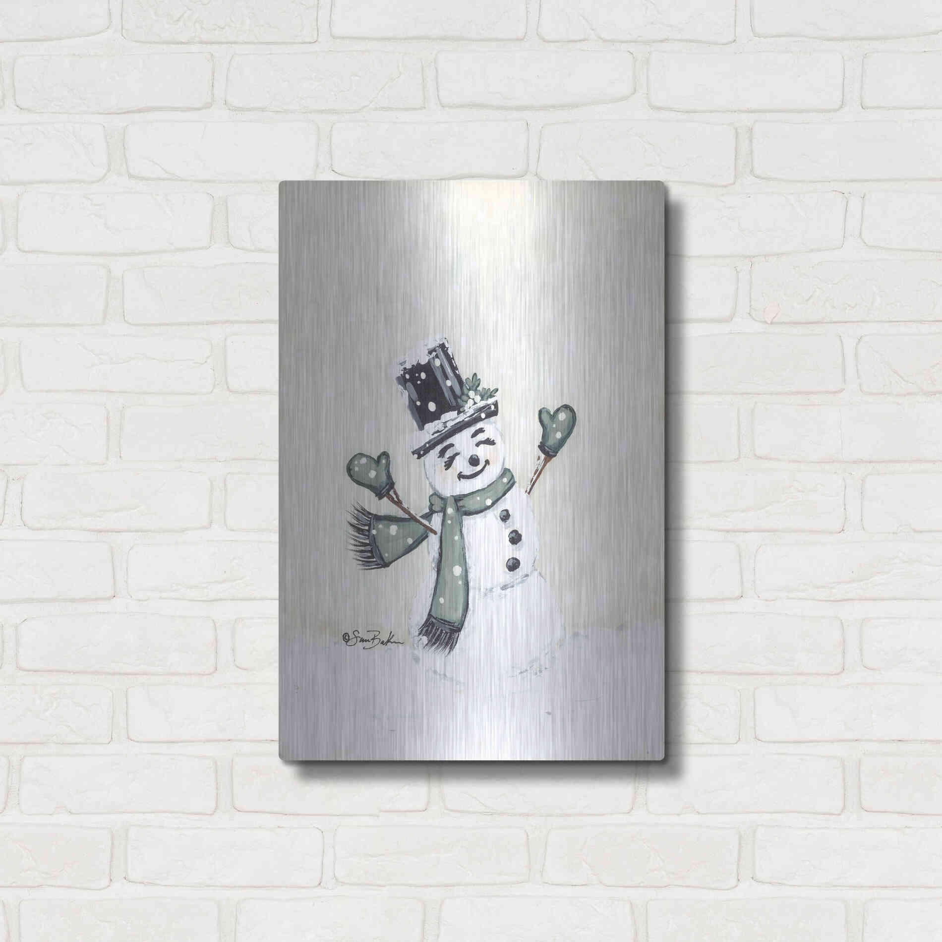 Luxe Metal Art 'Jolly Green Snowman' by Sara Baker, Metal Wall Art,16x24