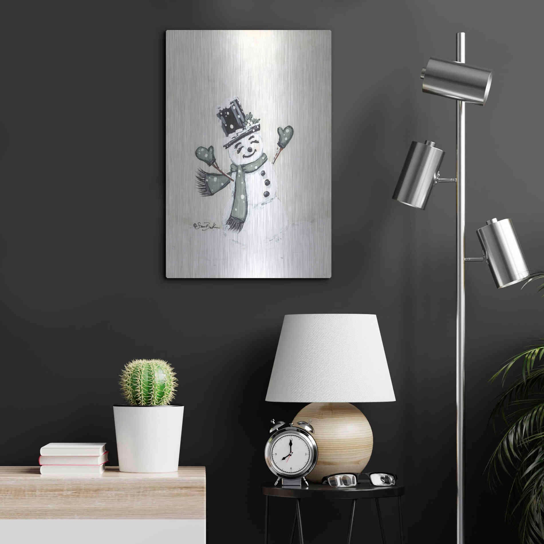 Luxe Metal Art 'Jolly Green Snowman' by Sara Baker, Metal Wall Art,16x24