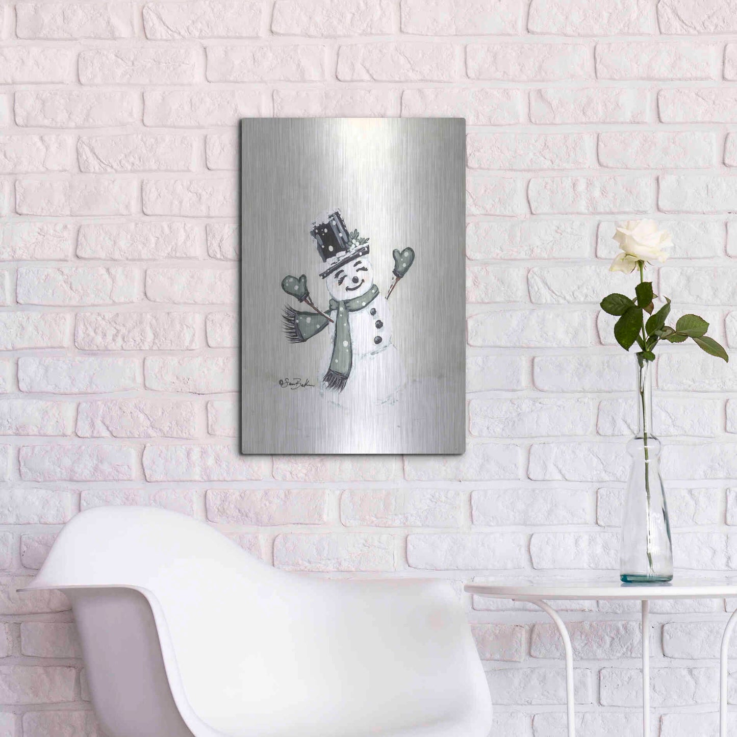 Luxe Metal Art 'Jolly Green Snowman' by Sara Baker, Metal Wall Art,16x24