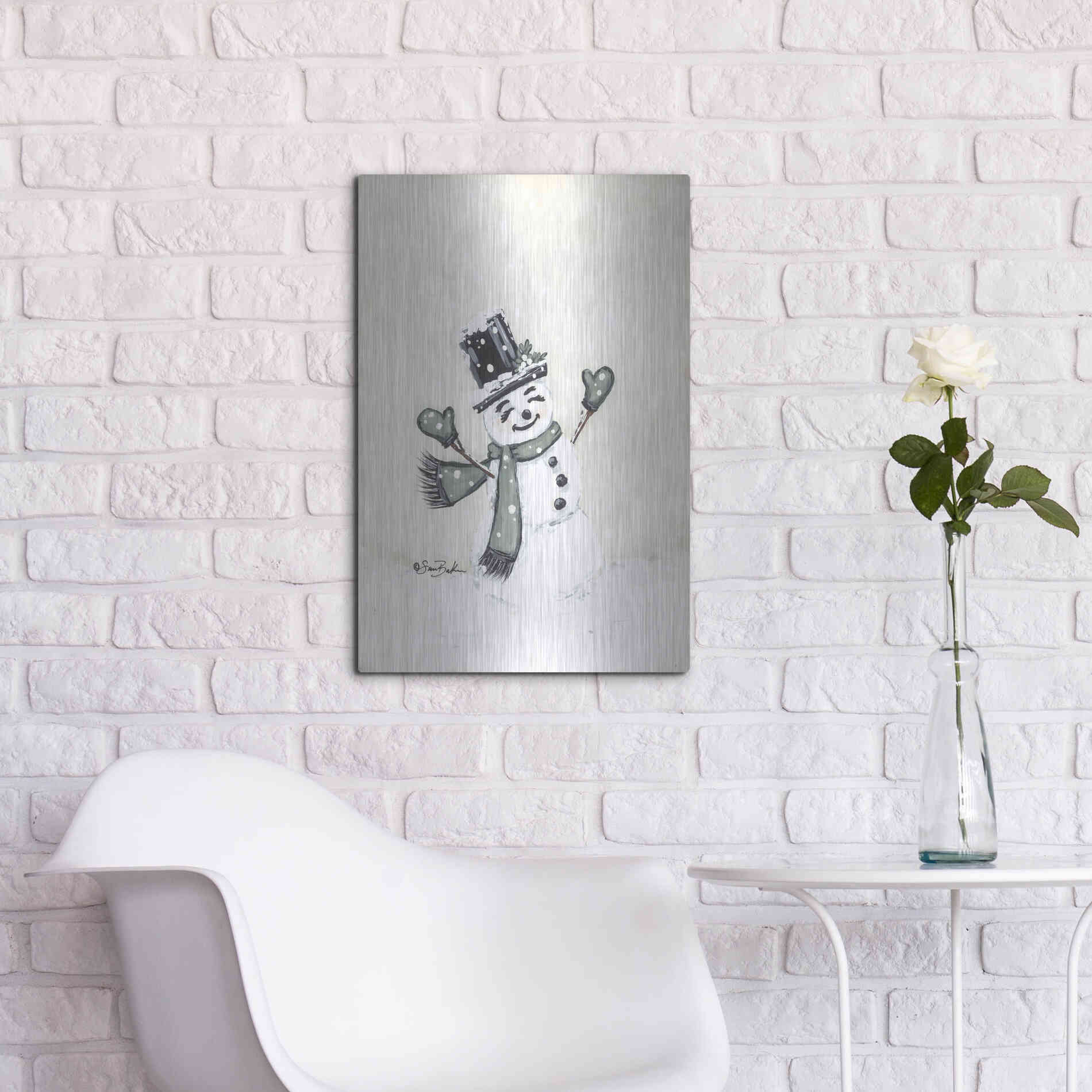 Luxe Metal Art 'Jolly Green Snowman' by Sara Baker, Metal Wall Art,16x24
