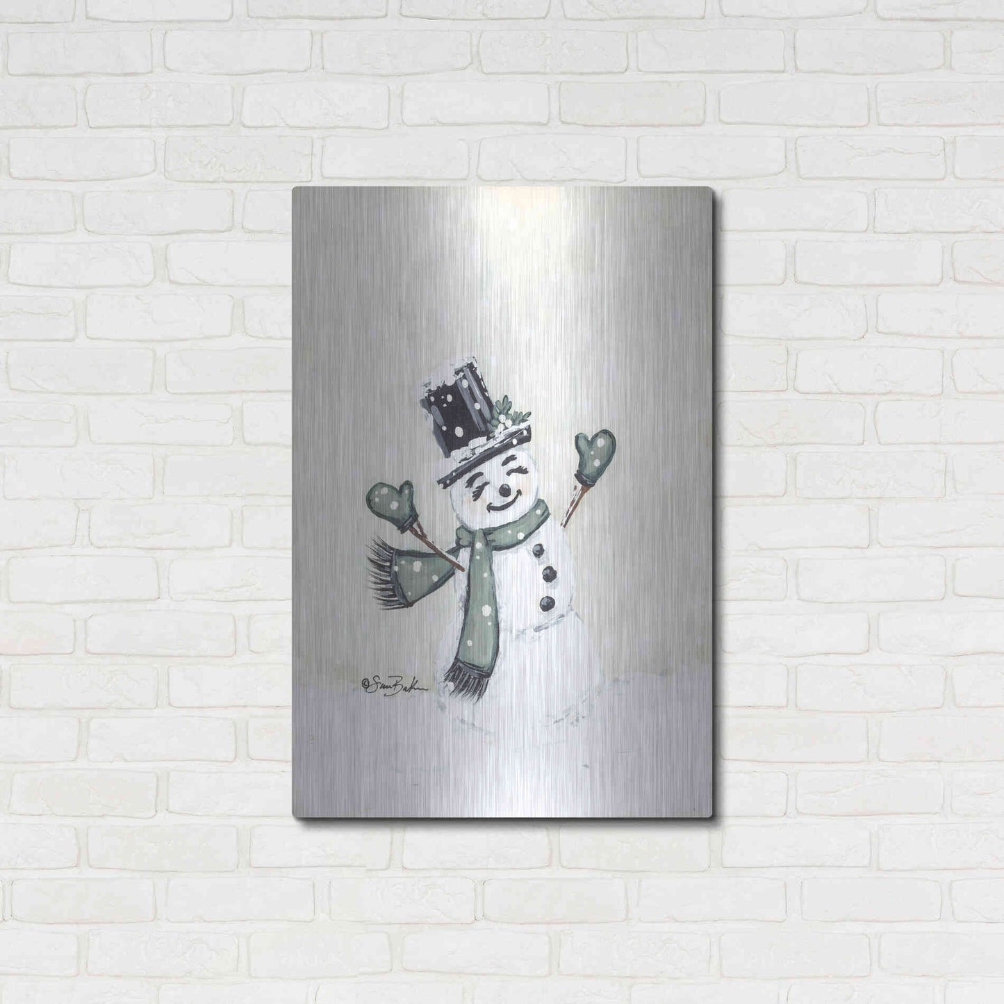 Luxe Metal Art 'Jolly Green Snowman' by Sara Baker, Metal Wall Art,24x36