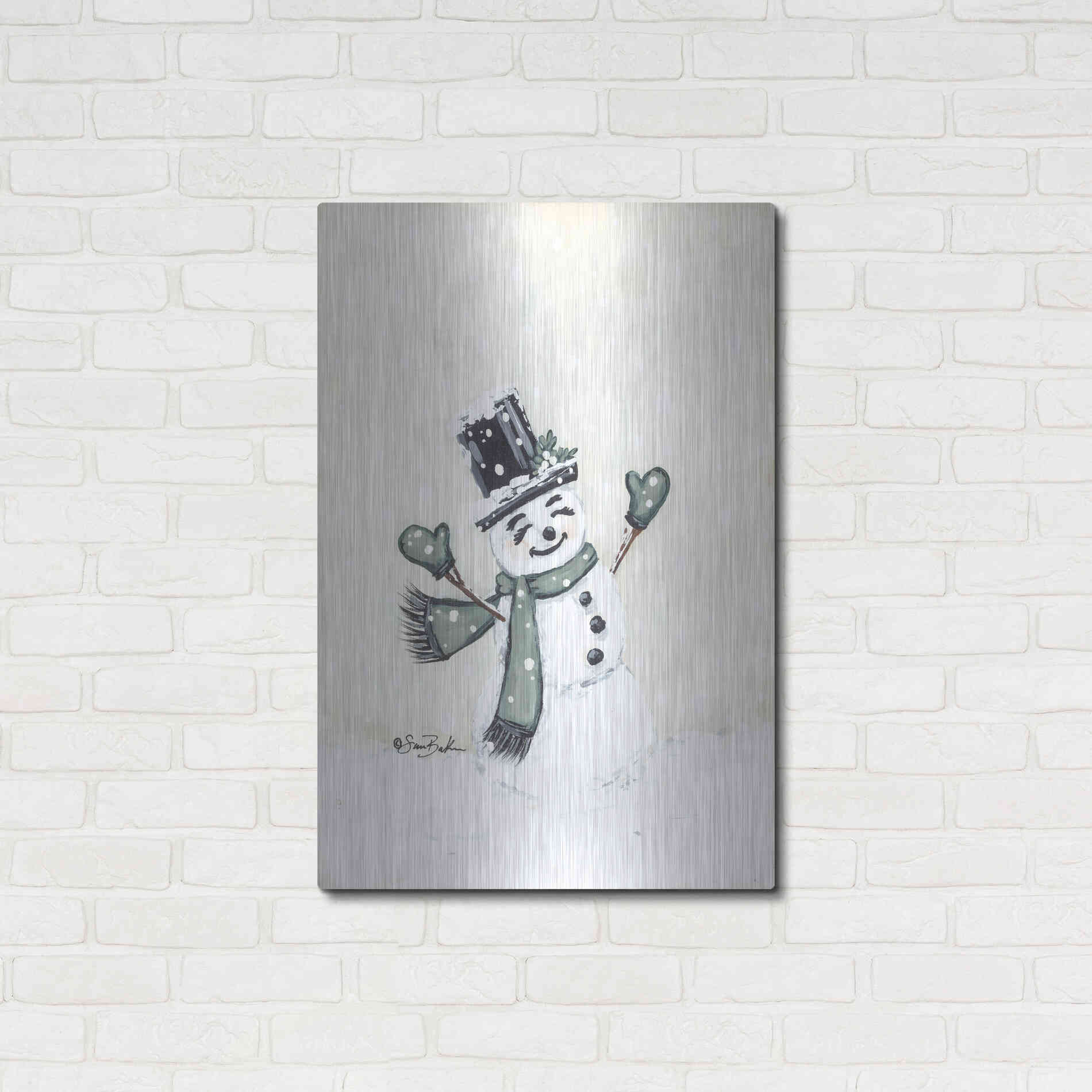 Luxe Metal Art 'Jolly Green Snowman' by Sara Baker, Metal Wall Art,24x36