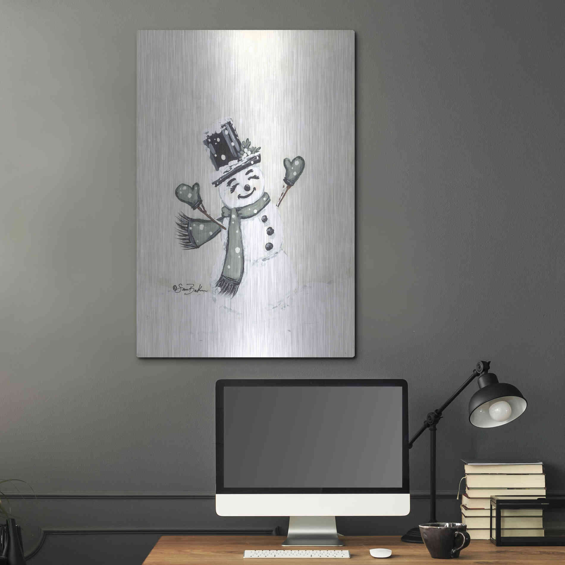 Luxe Metal Art 'Jolly Green Snowman' by Sara Baker, Metal Wall Art,24x36