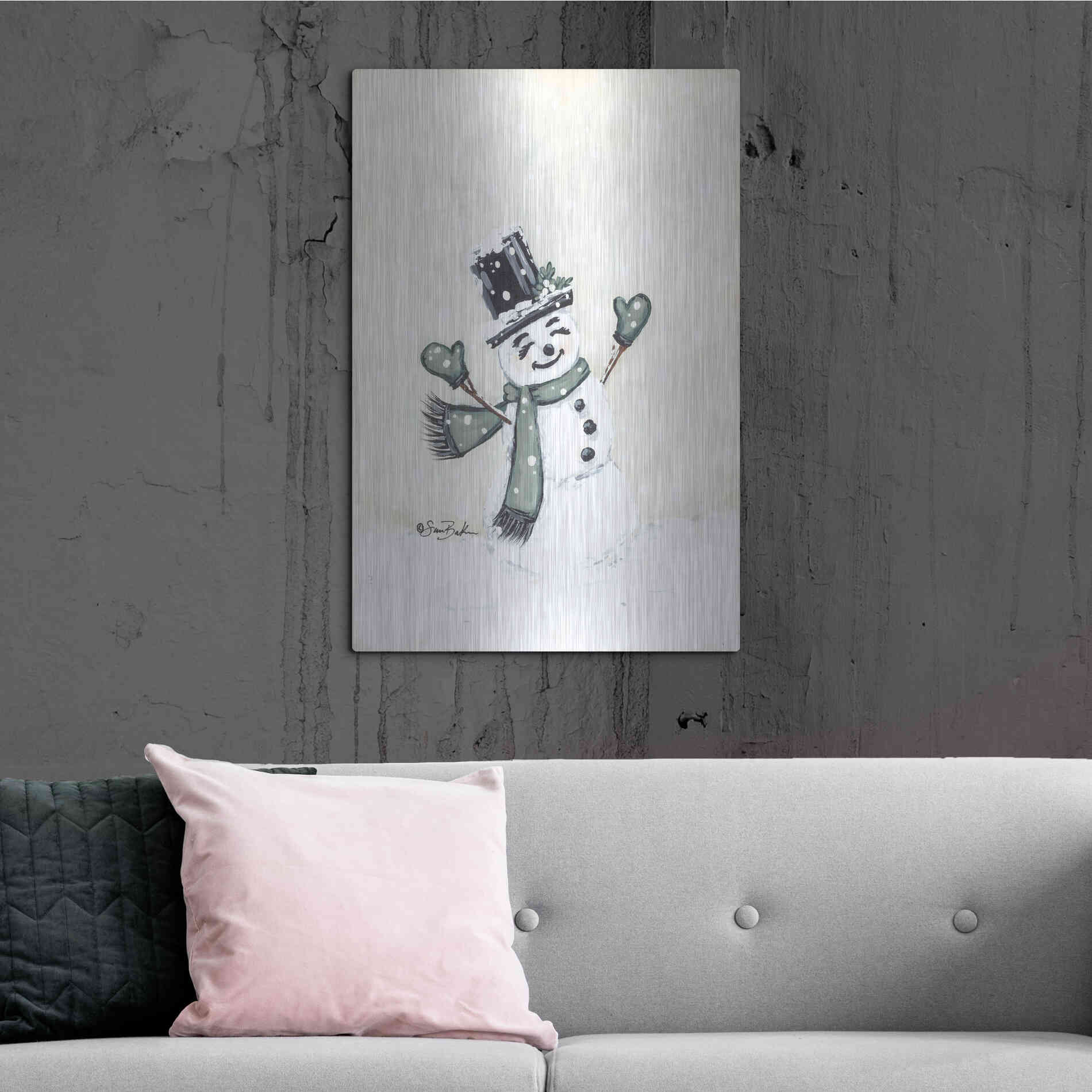 Luxe Metal Art 'Jolly Green Snowman' by Sara Baker, Metal Wall Art,24x36