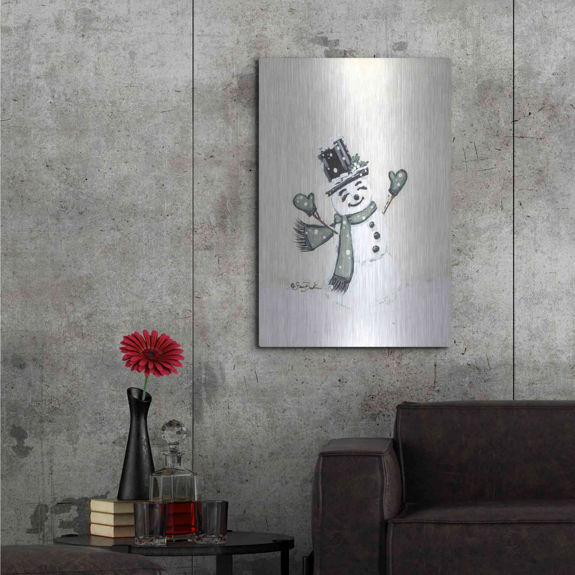 Luxe Metal Art 'Jolly Green Snowman' by Sara Baker, Metal Wall Art,24x36