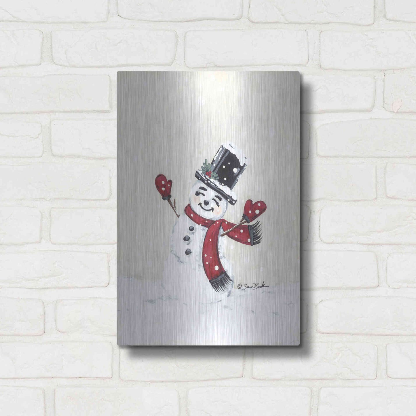 Luxe Metal Art 'Jolly Red Snowman' by Sara Baker, Metal Wall Art,12x16
