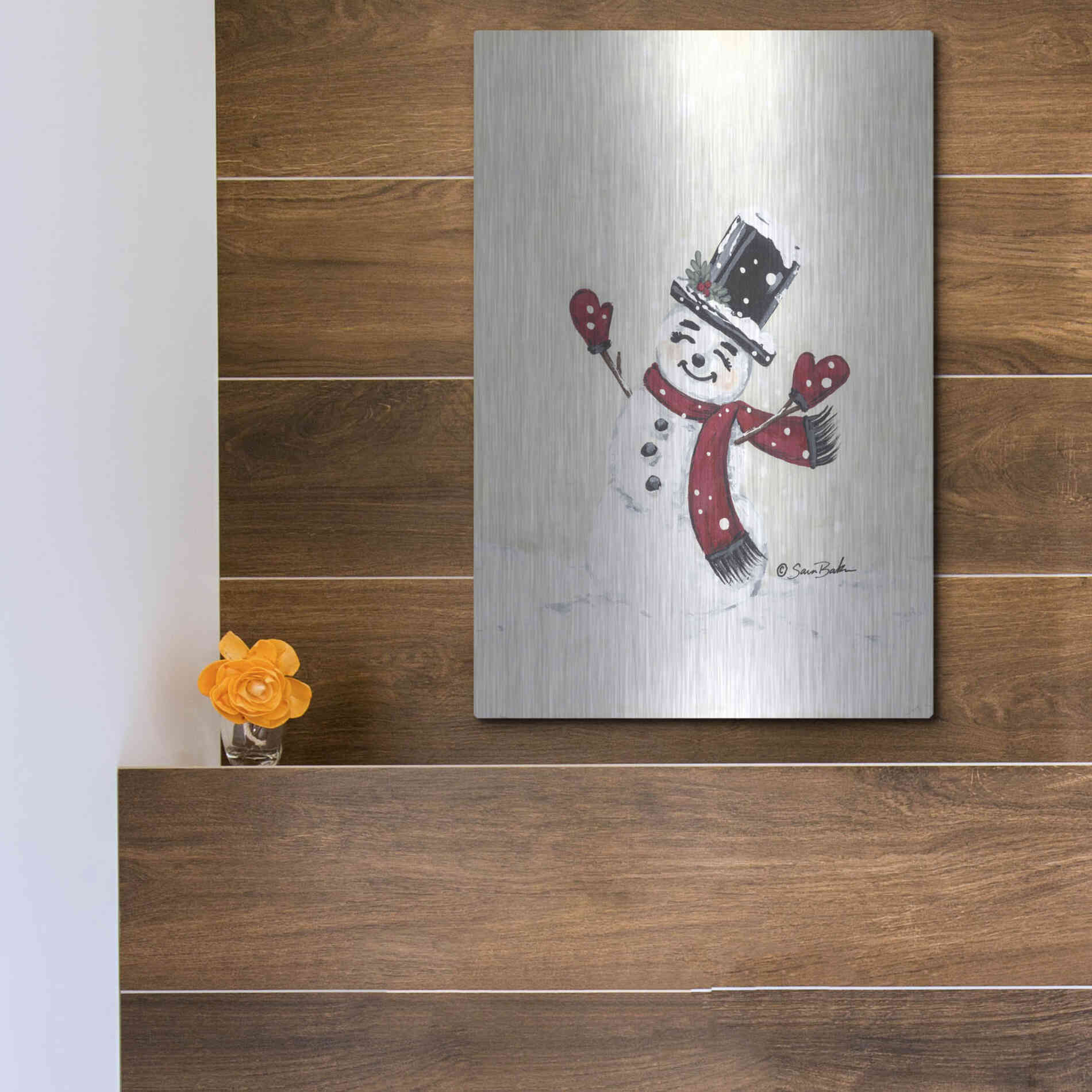 Luxe Metal Art 'Jolly Red Snowman' by Sara Baker, Metal Wall Art,12x16
