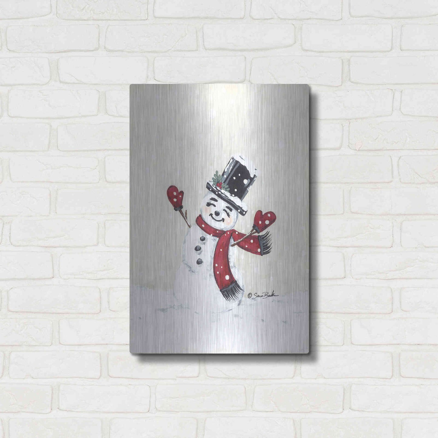 Luxe Metal Art 'Jolly Red Snowman' by Sara Baker, Metal Wall Art,16x24