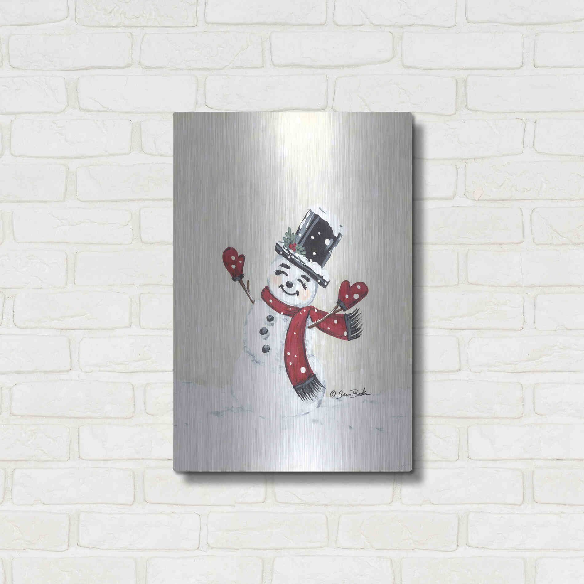 Luxe Metal Art 'Jolly Red Snowman' by Sara Baker, Metal Wall Art,16x24