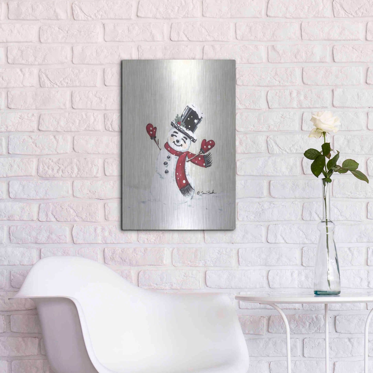Luxe Metal Art 'Jolly Red Snowman' by Sara Baker, Metal Wall Art,16x24