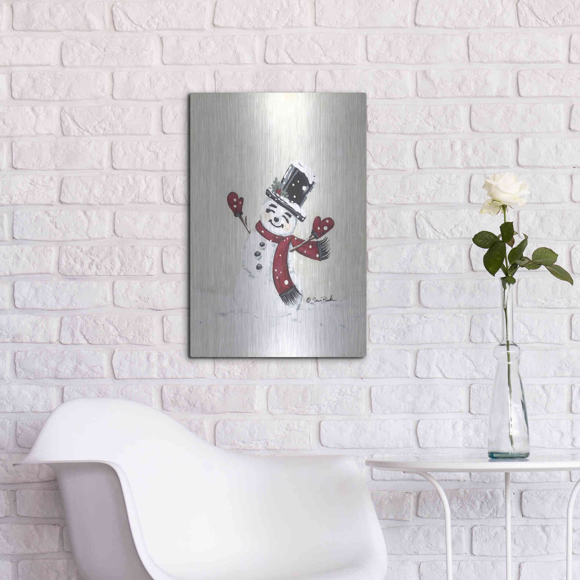 Luxe Metal Art 'Jolly Red Snowman' by Sara Baker, Metal Wall Art,16x24