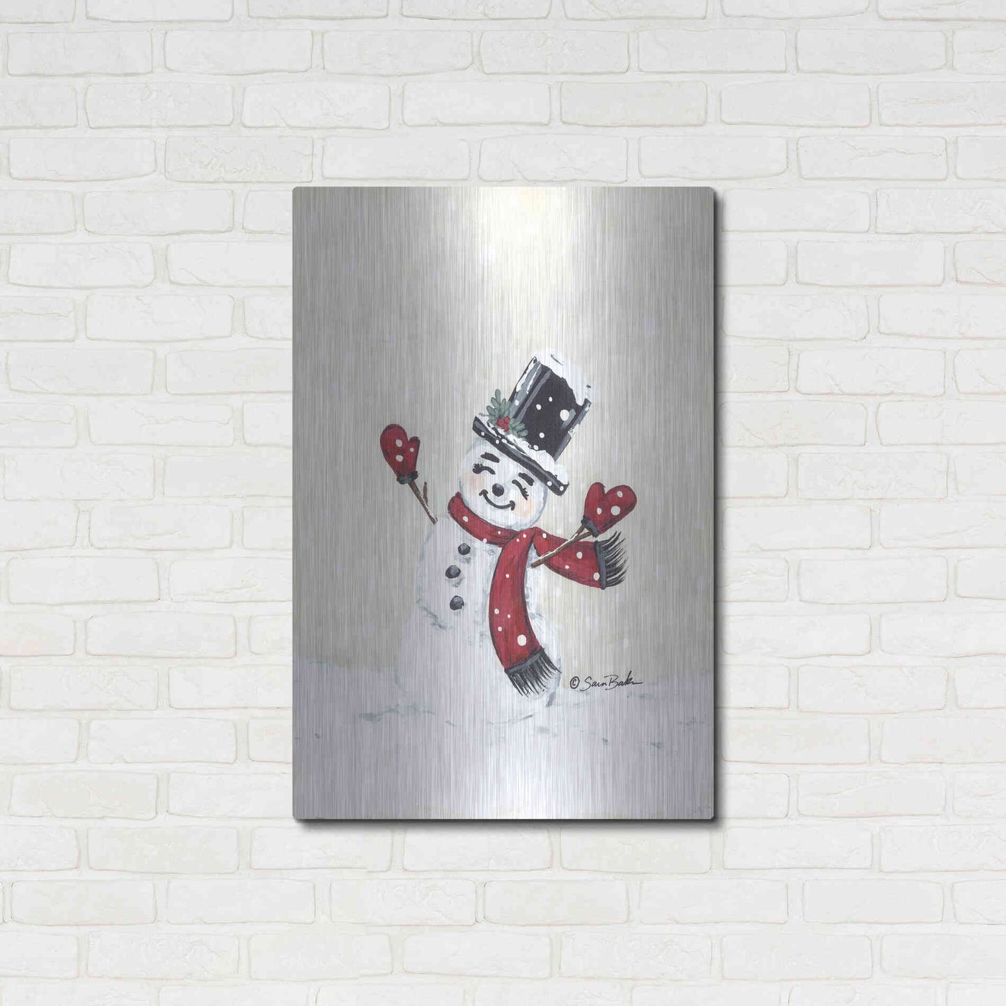 Luxe Metal Art 'Jolly Red Snowman' by Sara Baker, Metal Wall Art,24x36