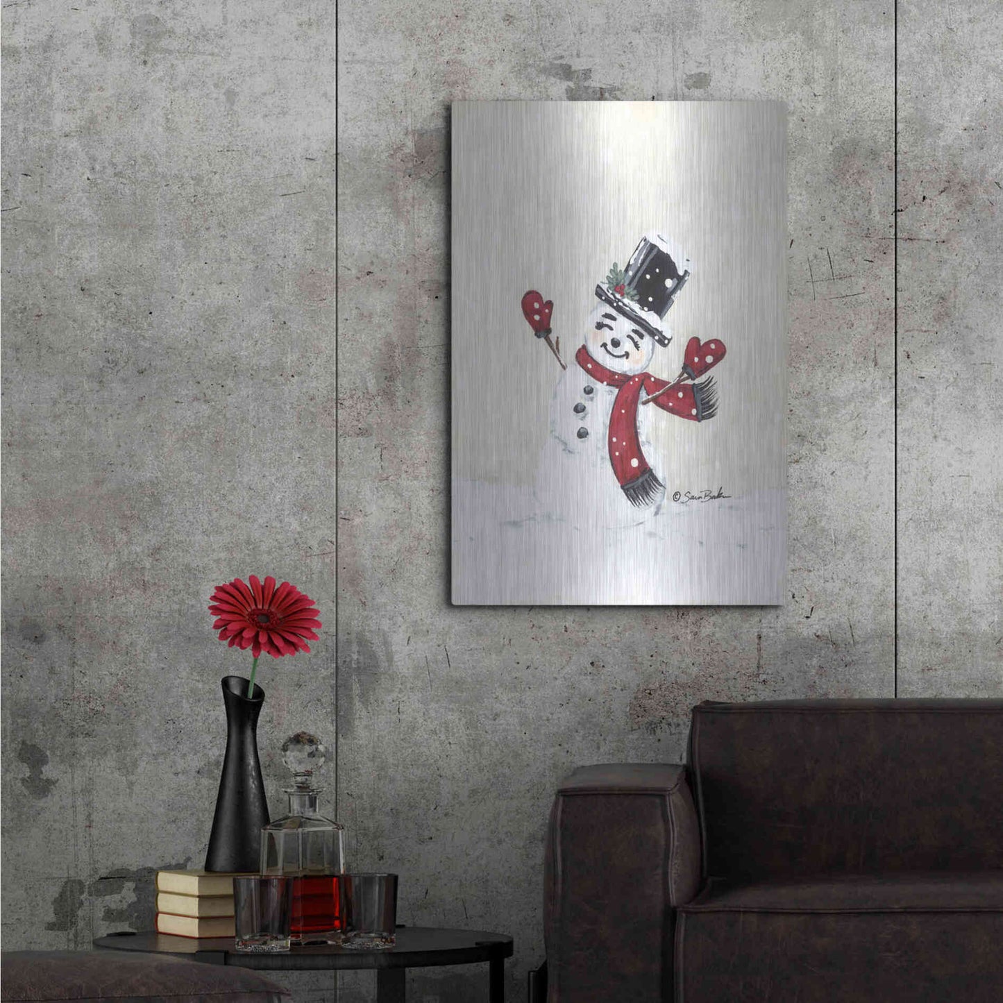 Luxe Metal Art 'Jolly Red Snowman' by Sara Baker, Metal Wall Art,24x36