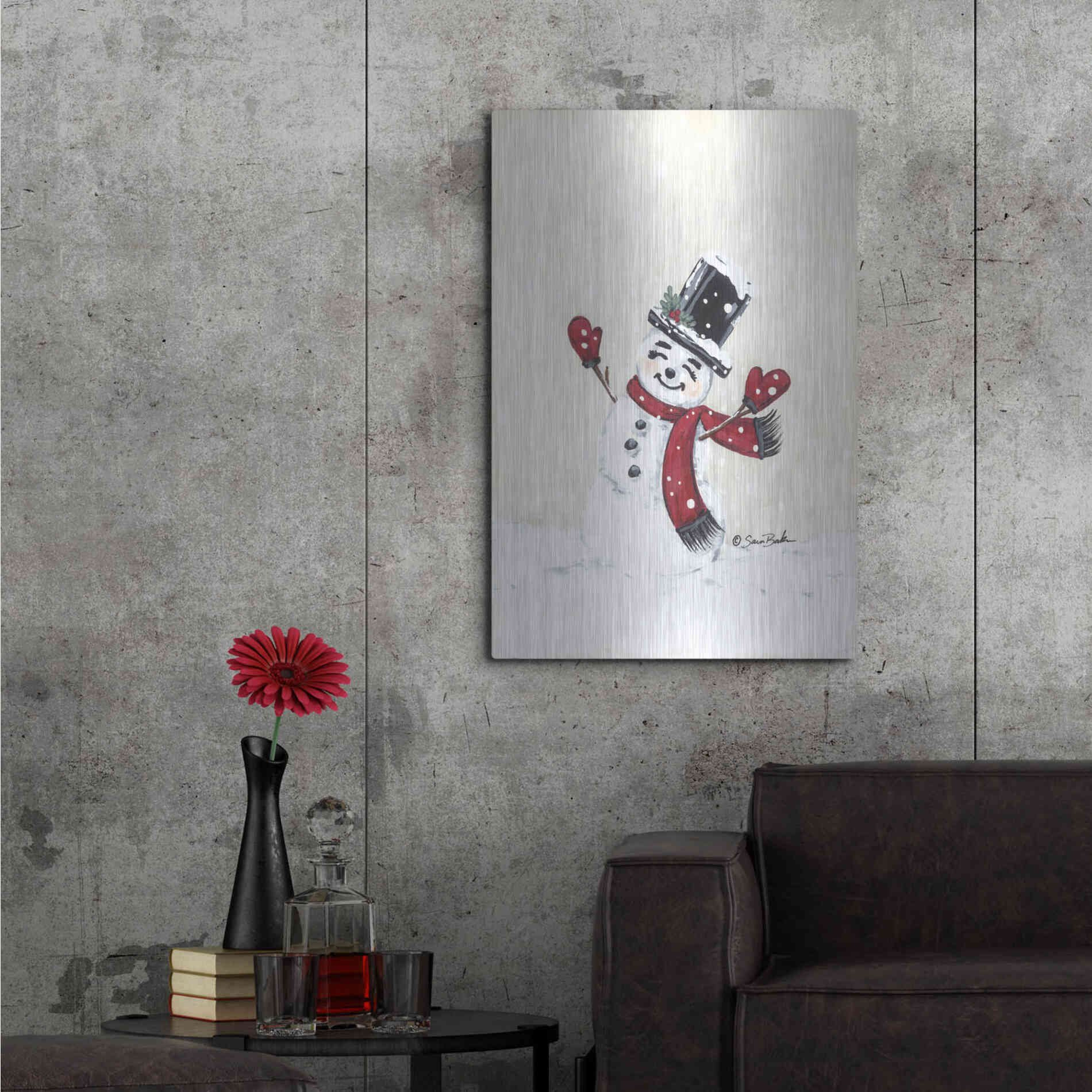 Luxe Metal Art 'Jolly Red Snowman' by Sara Baker, Metal Wall Art,24x36