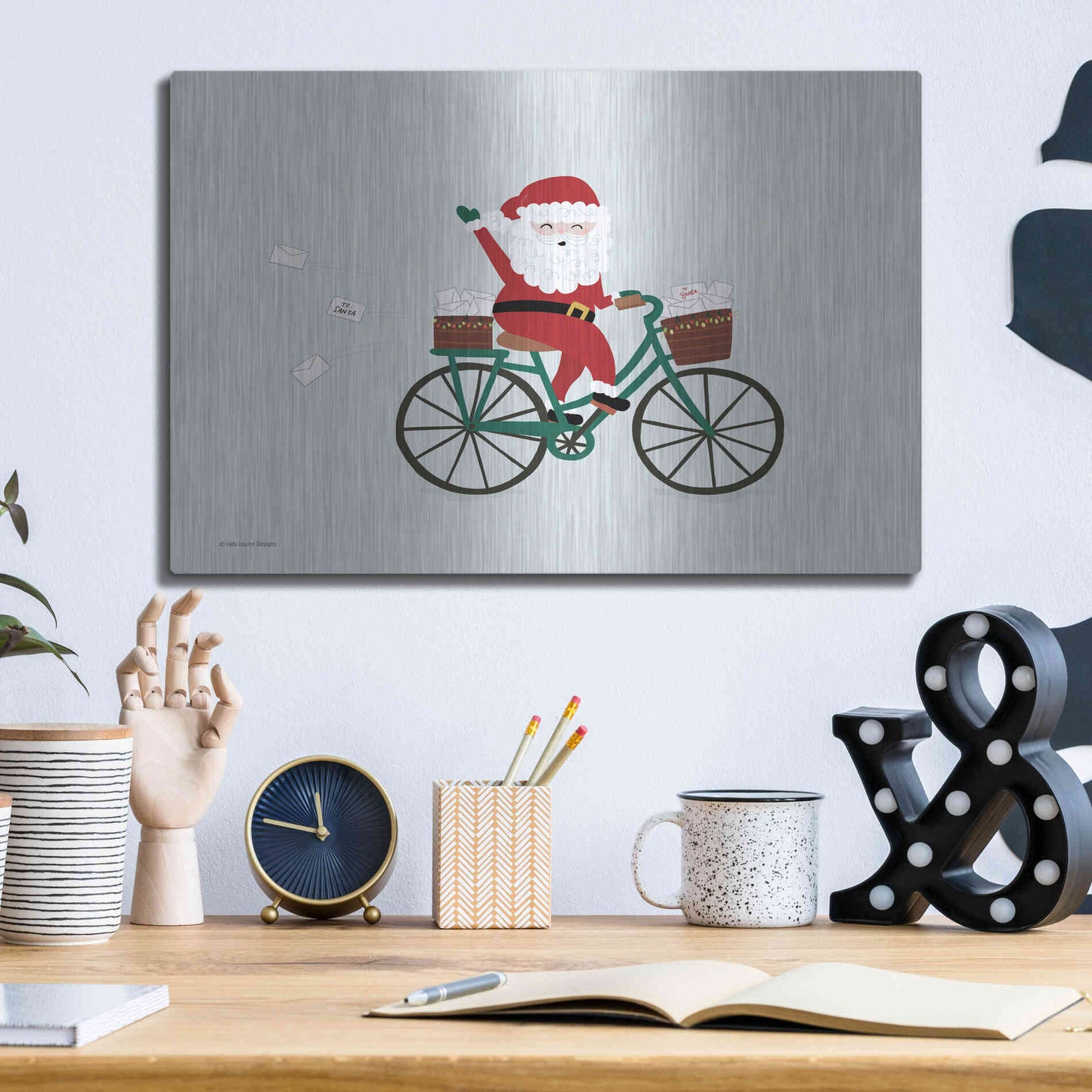 Luxe Metal Art 'Santa Bike' by Lady Louise Designs, Metal Wall Art,16x12