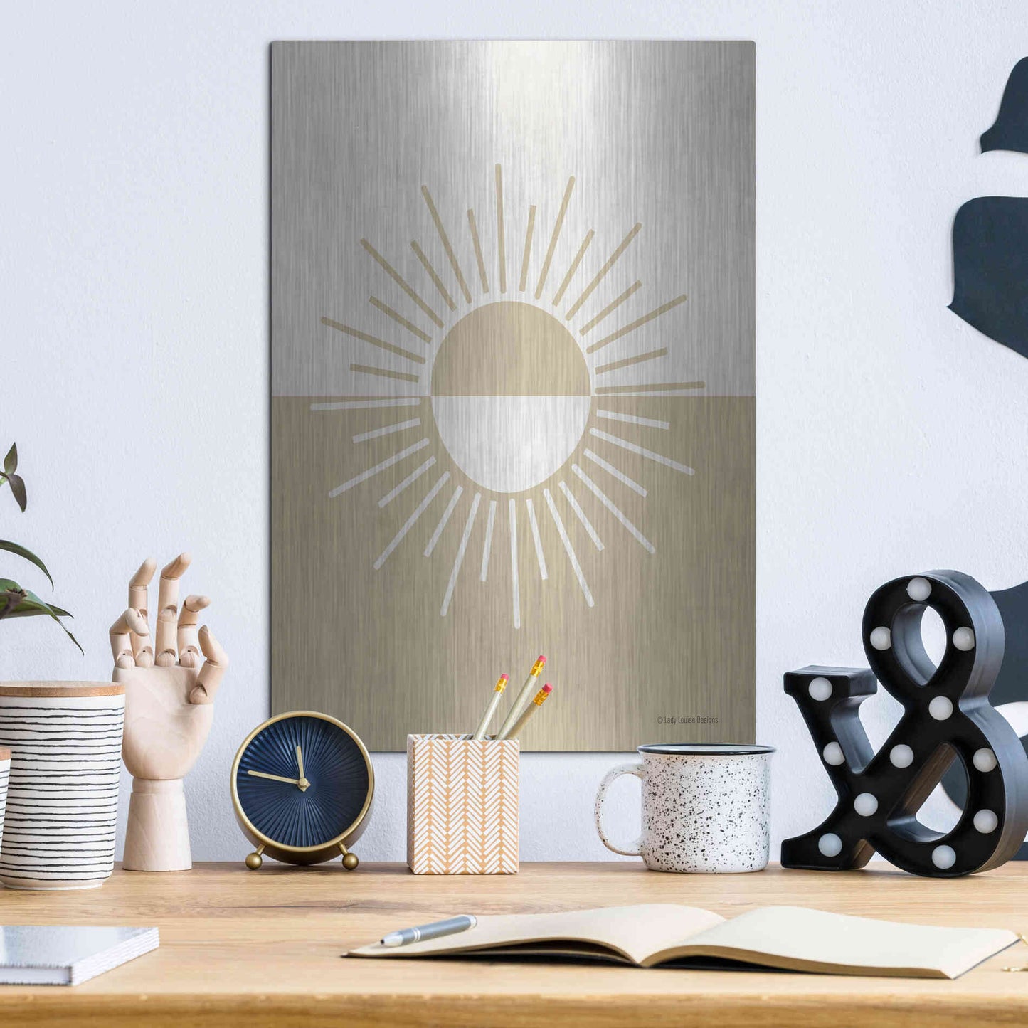 Luxe Metal Art 'Neutral Nursery Half Sun    ' by Lady Louise Designs, Metal Wall Art,12x16