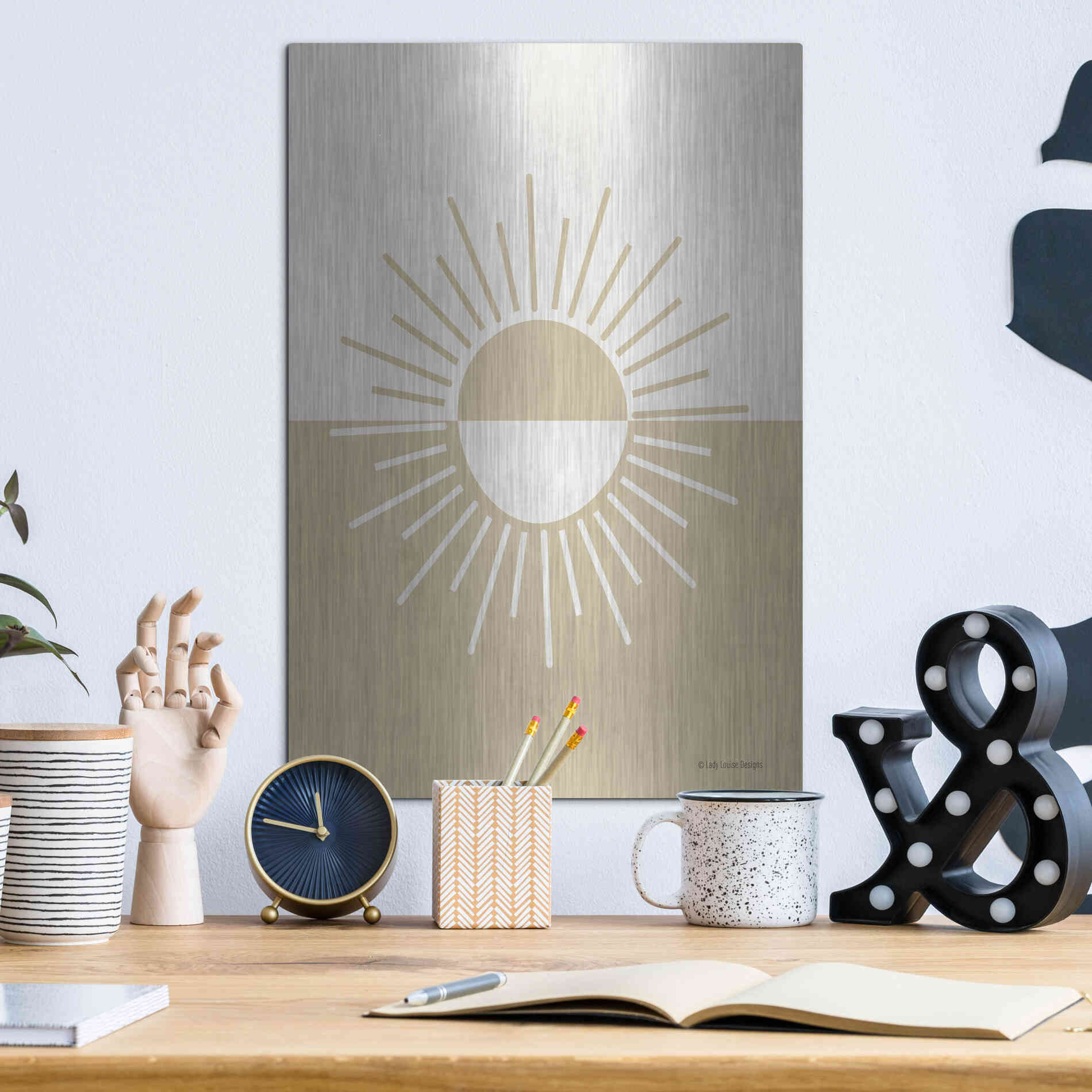Luxe Metal Art 'Neutral Nursery Half Sun    ' by Lady Louise Designs, Metal Wall Art,12x16