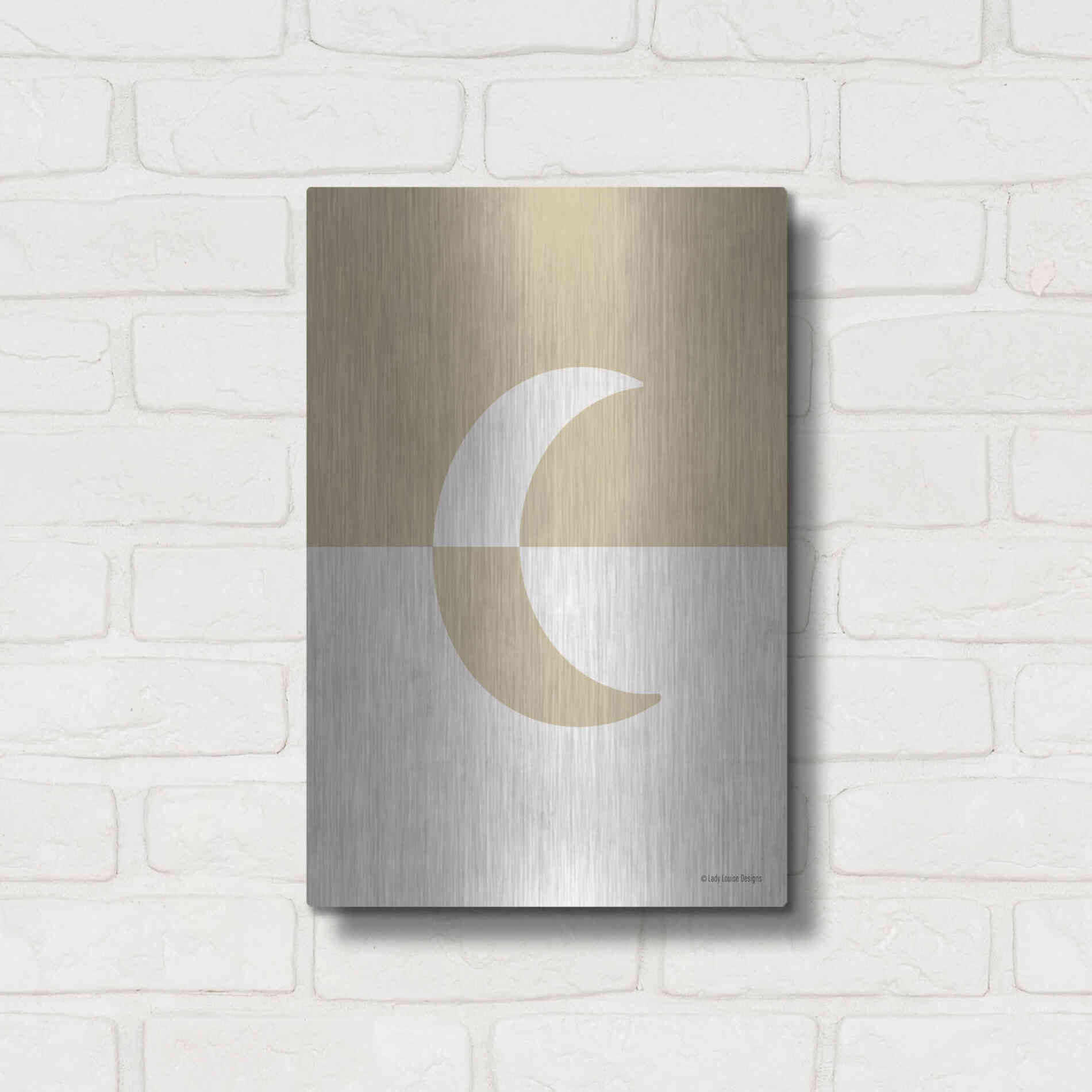 Luxe Metal Art 'Neutral Nursery Half Moon    ' by Lady Louise Designs, Metal Wall Art,12x16