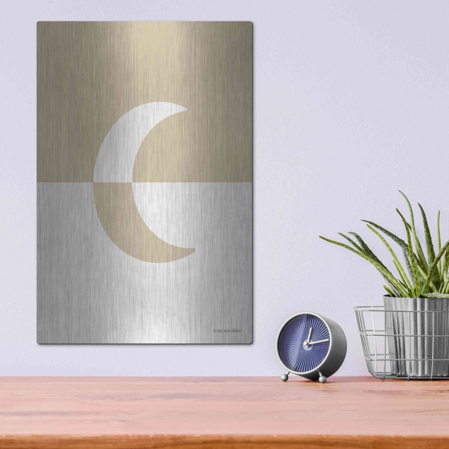 Luxe Metal Art 'Neutral Nursery Half Moon    ' by Lady Louise Designs, Metal Wall Art,12x16