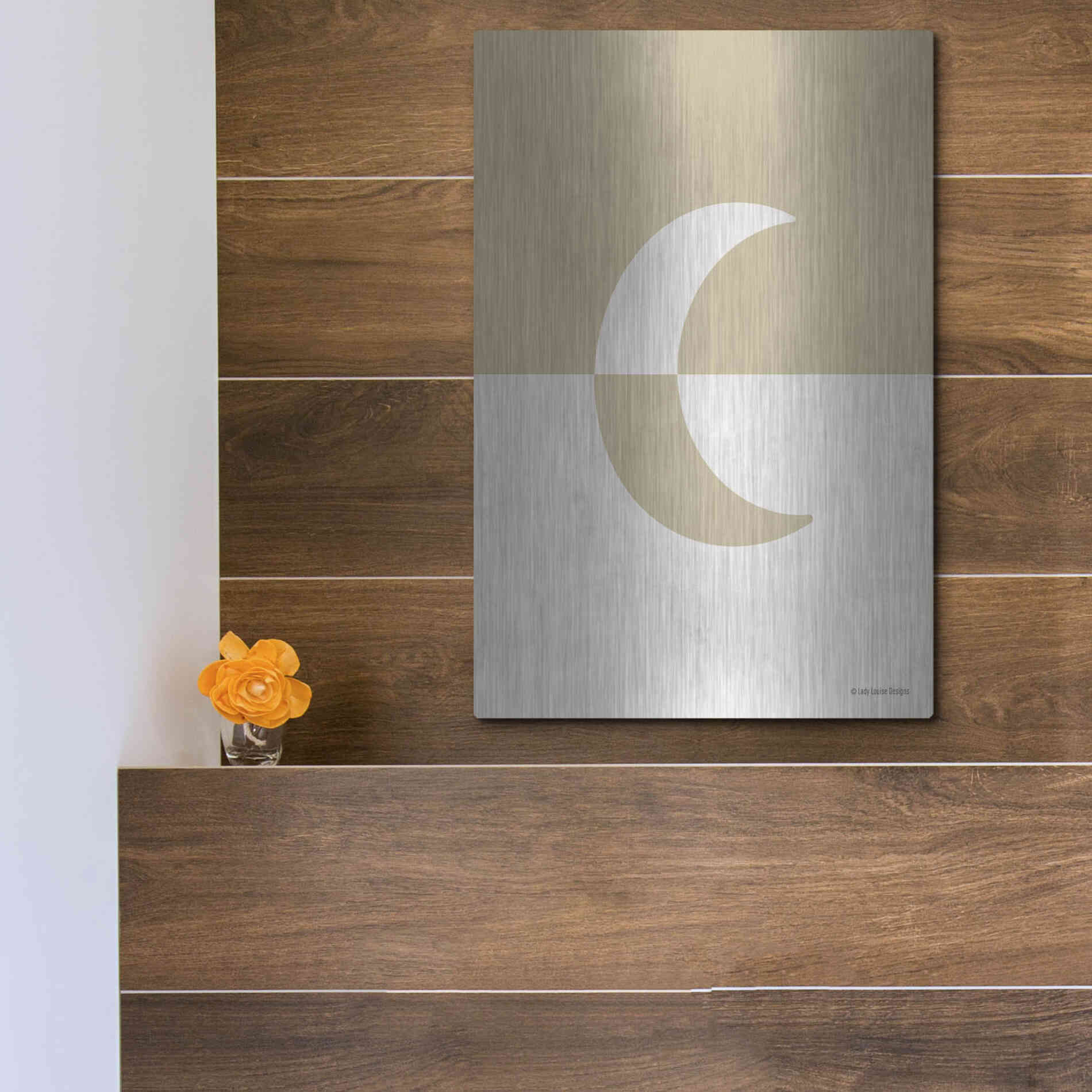 Luxe Metal Art 'Neutral Nursery Half Moon    ' by Lady Louise Designs, Metal Wall Art,12x16