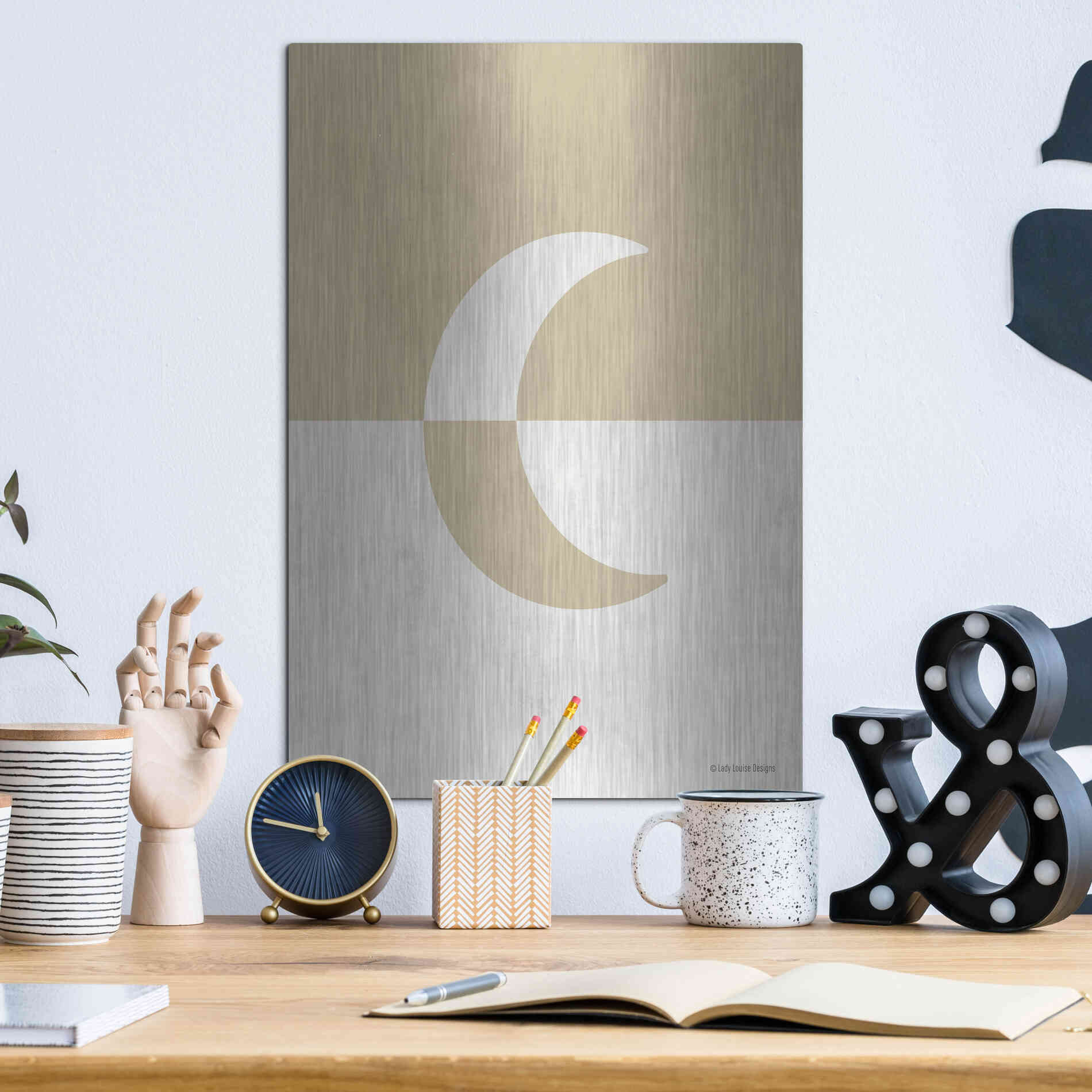Luxe Metal Art 'Neutral Nursery Half Moon    ' by Lady Louise Designs, Metal Wall Art,12x16