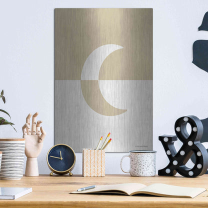 Luxe Metal Art 'Neutral Nursery Half Moon    ' by Lady Louise Designs, Metal Wall Art,12x16