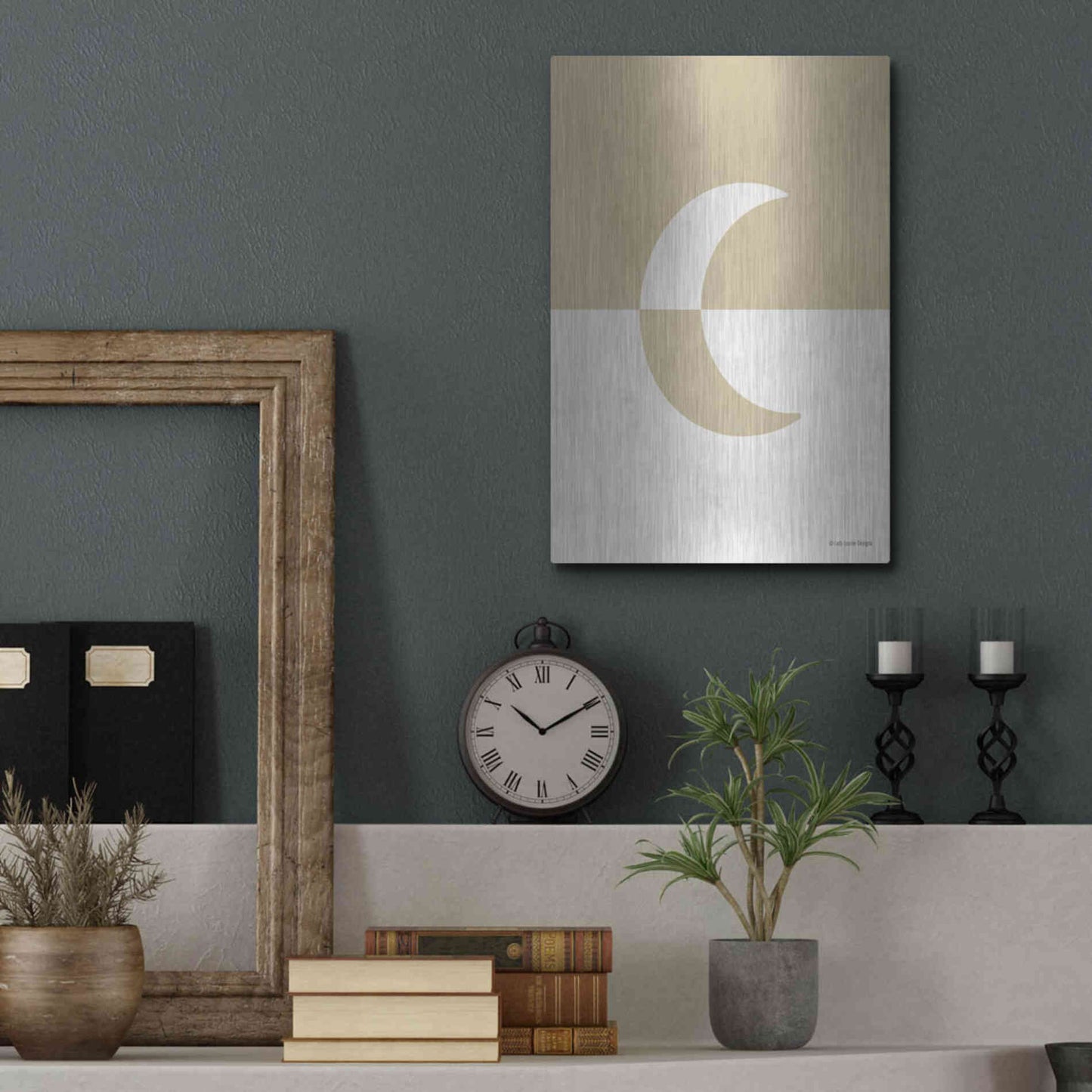 Luxe Metal Art 'Neutral Nursery Half Moon    ' by Lady Louise Designs, Metal Wall Art,12x16