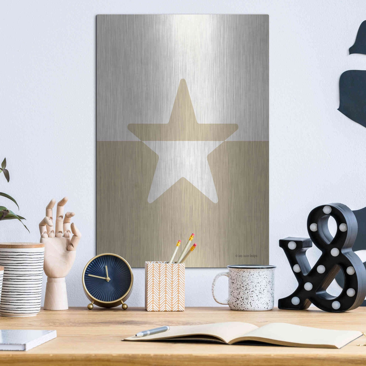 Luxe Metal Art 'Neutral Nursery Half Star    ' by Lady Louise Designs, Metal Wall Art,12x16