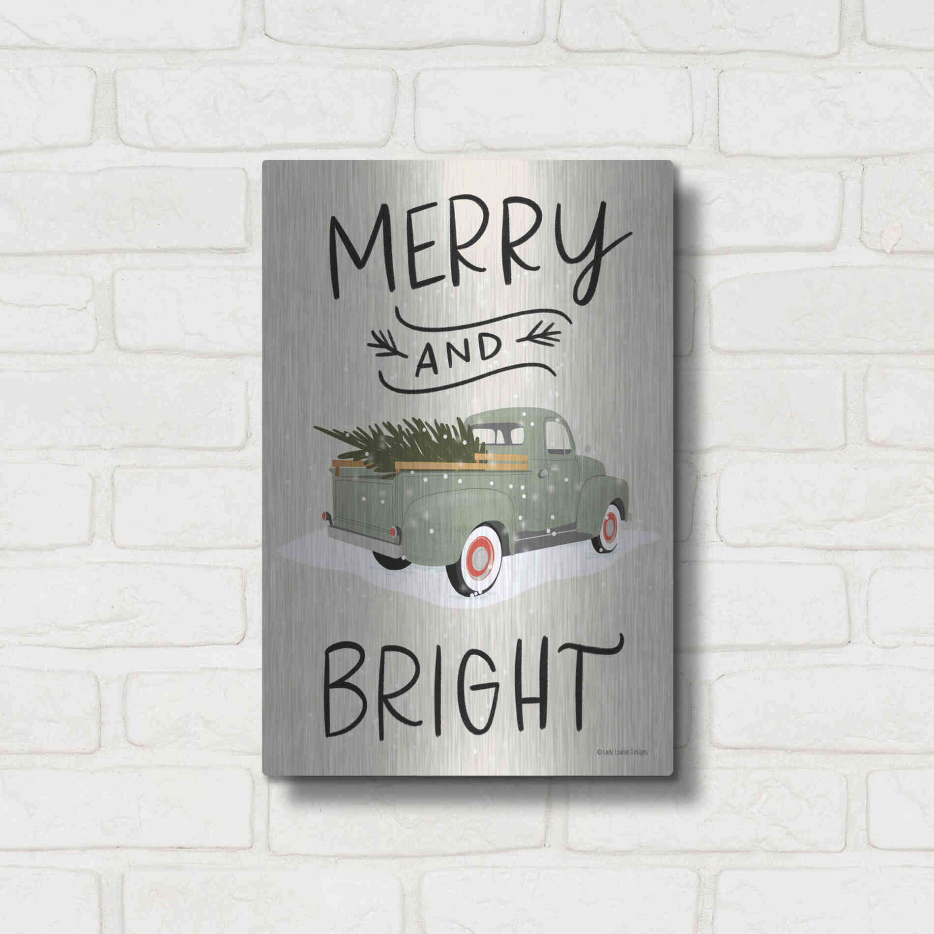 Luxe Metal Art 'Merry Truck' by Lady Louise Designs, Metal Wall Art,12x16