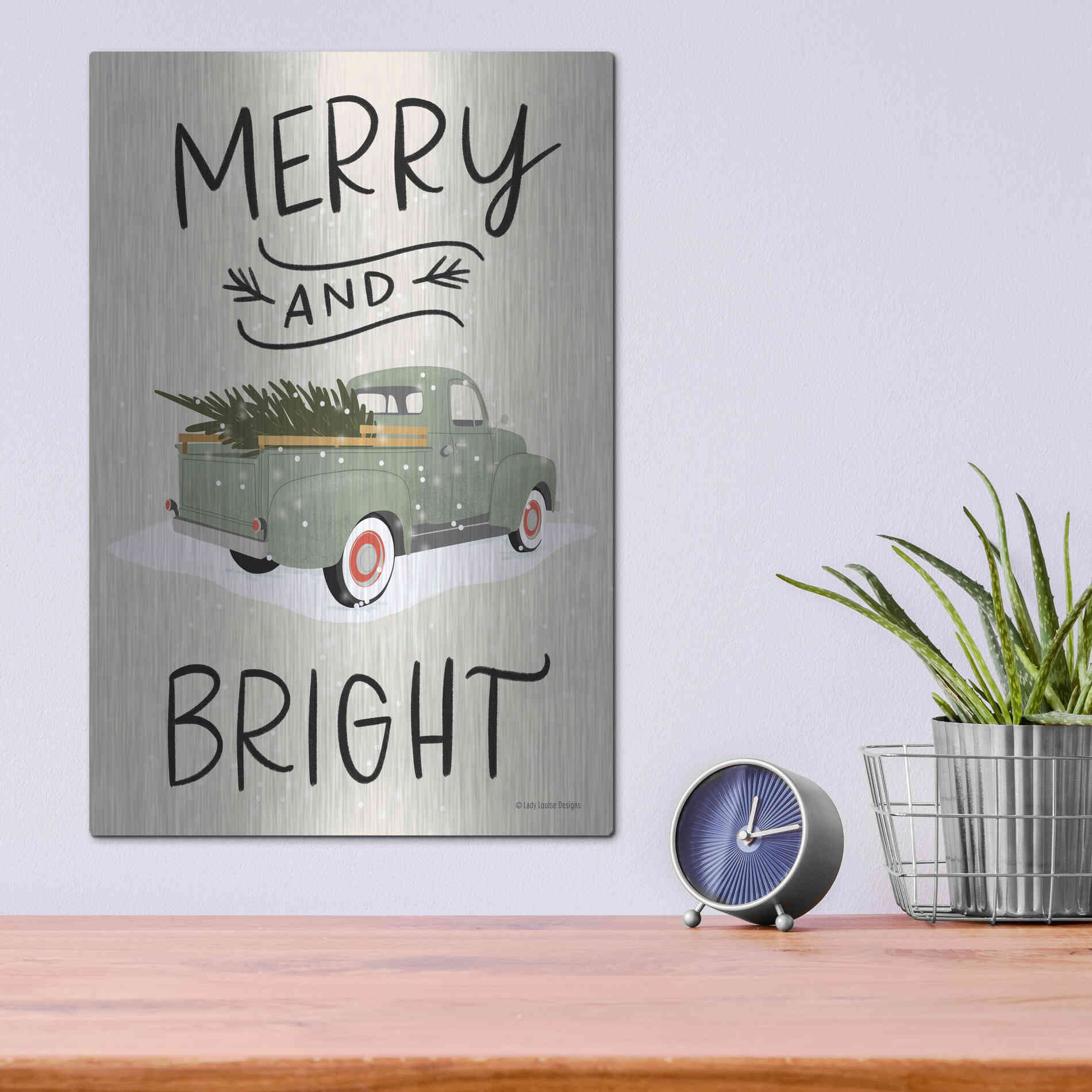 Luxe Metal Art 'Merry Truck' by Lady Louise Designs, Metal Wall Art,12x16