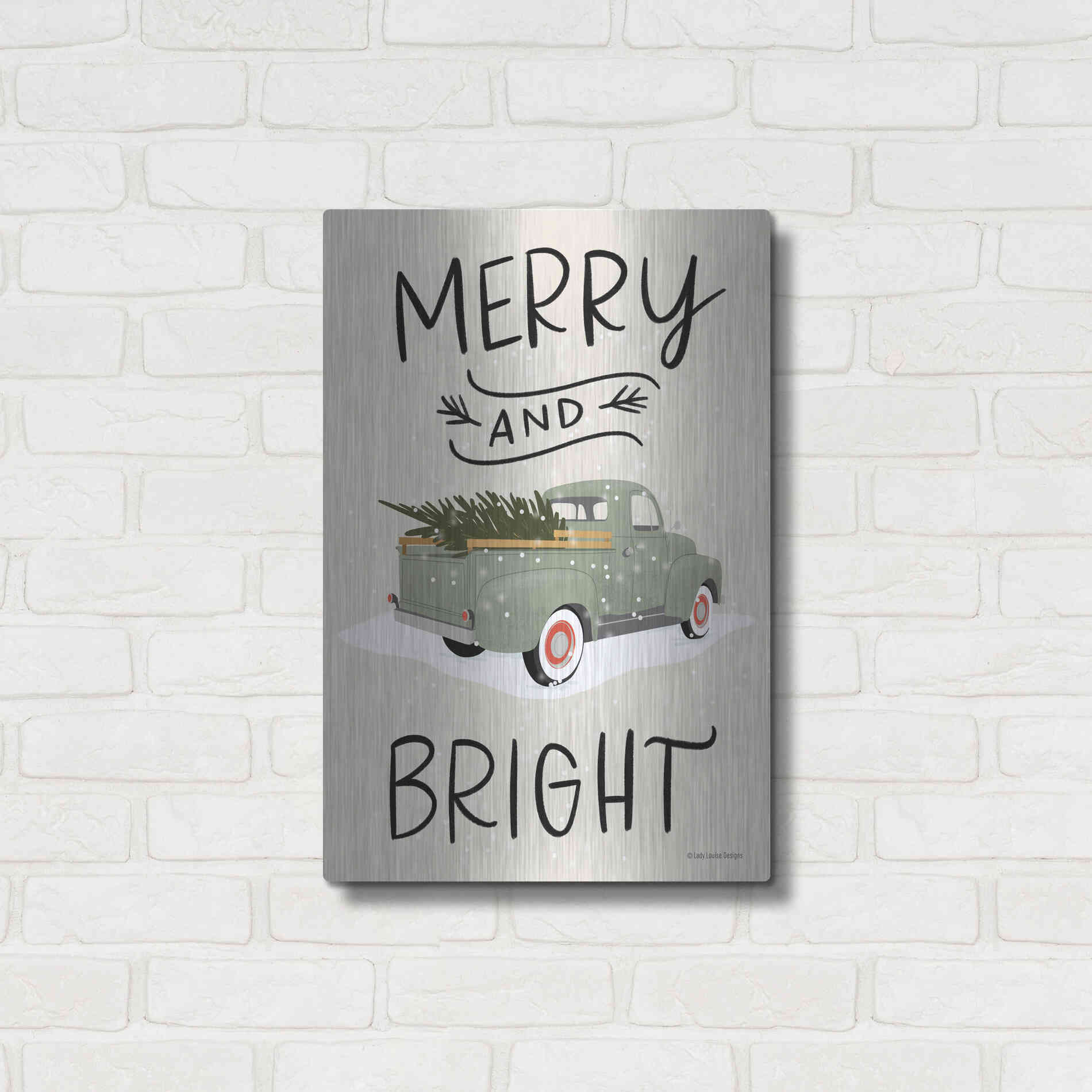 Luxe Metal Art 'Merry Truck' by Lady Louise Designs, Metal Wall Art,16x24