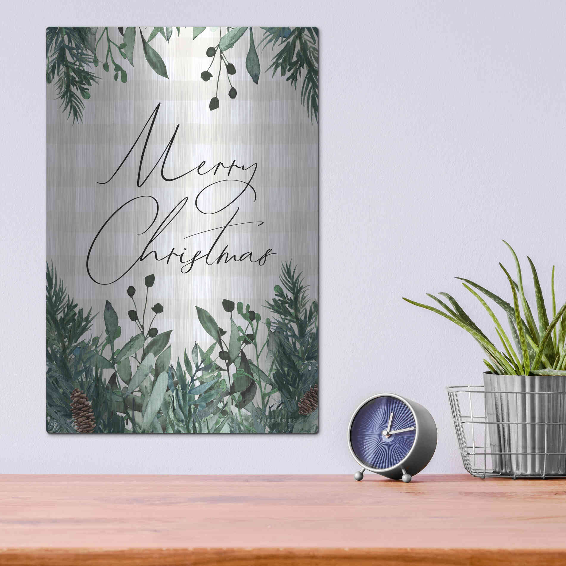 Luxe Metal Art 'Merry Christmas Plaid' by Lady Louise Designs, Metal Wall Art,12x16