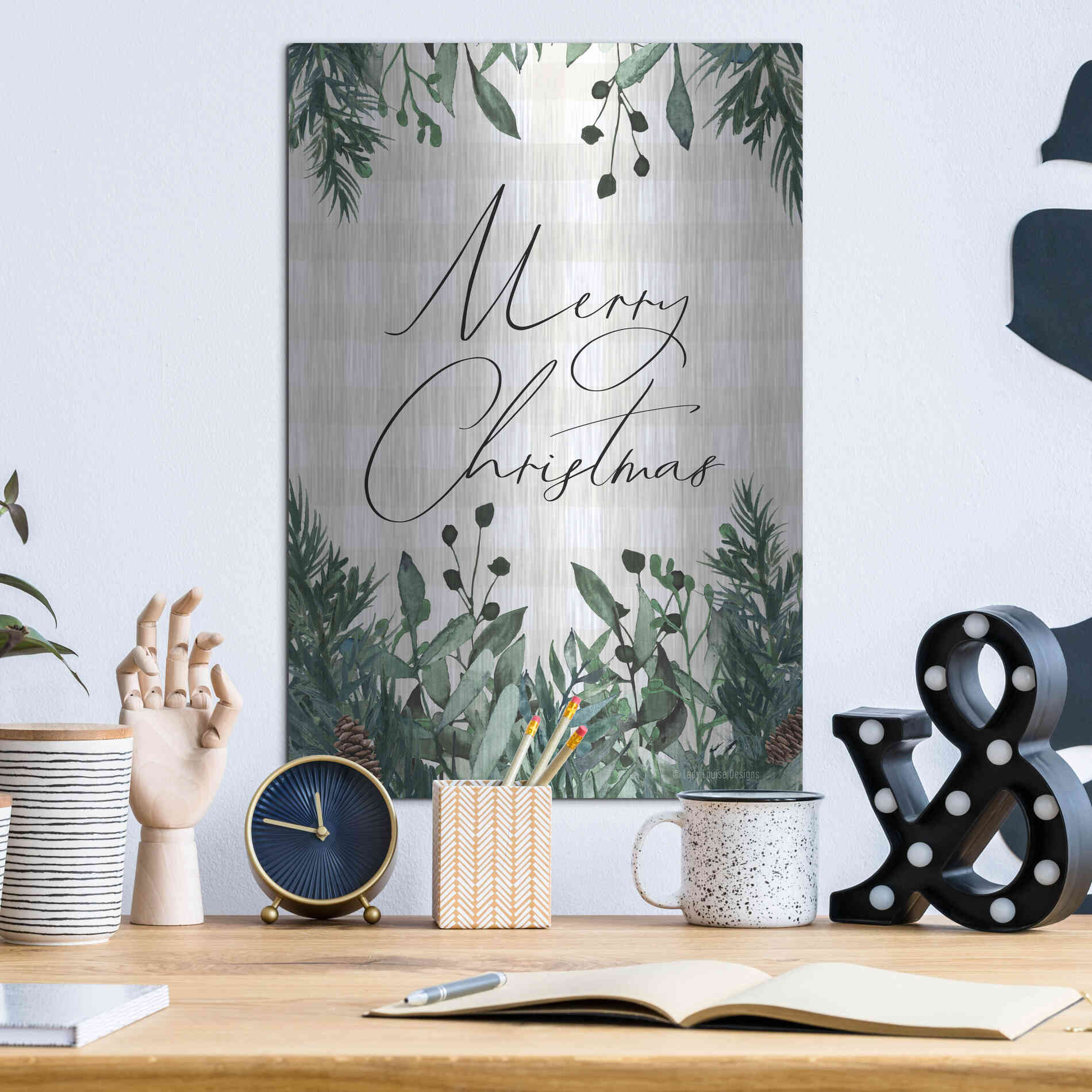 Luxe Metal Art 'Merry Christmas Plaid' by Lady Louise Designs, Metal Wall Art,12x16