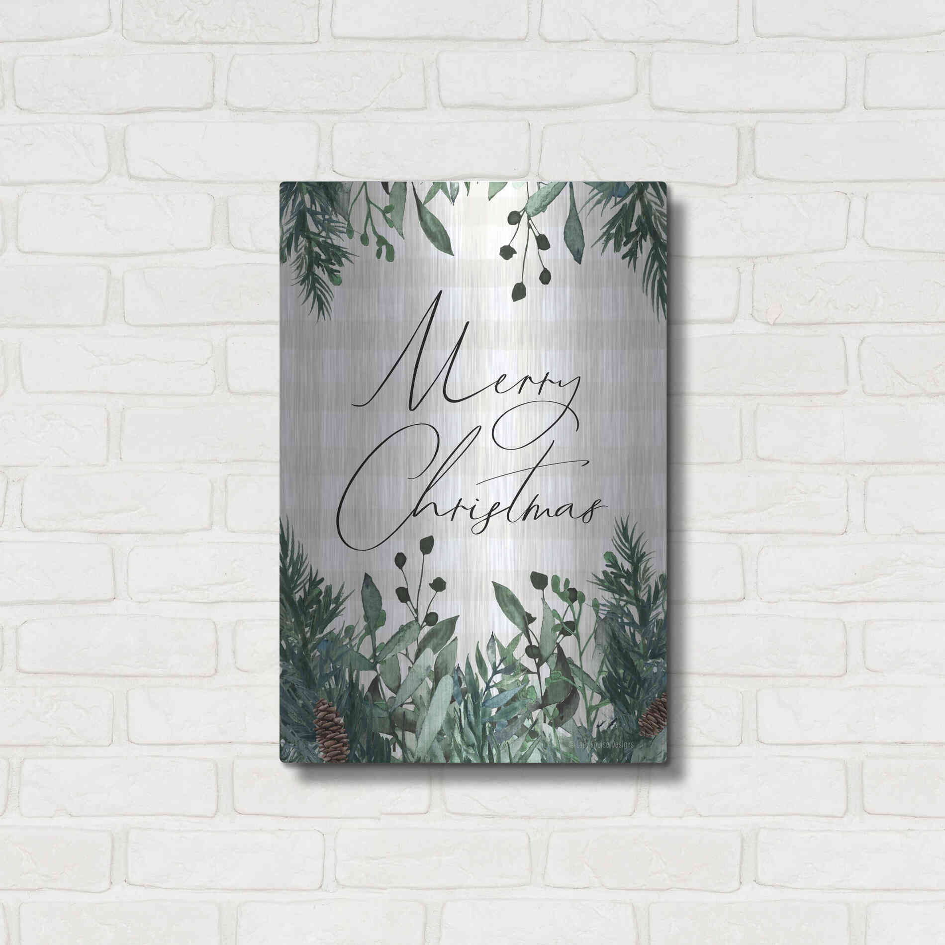 Luxe Metal Art 'Merry Christmas Plaid' by Lady Louise Designs, Metal Wall Art,16x24