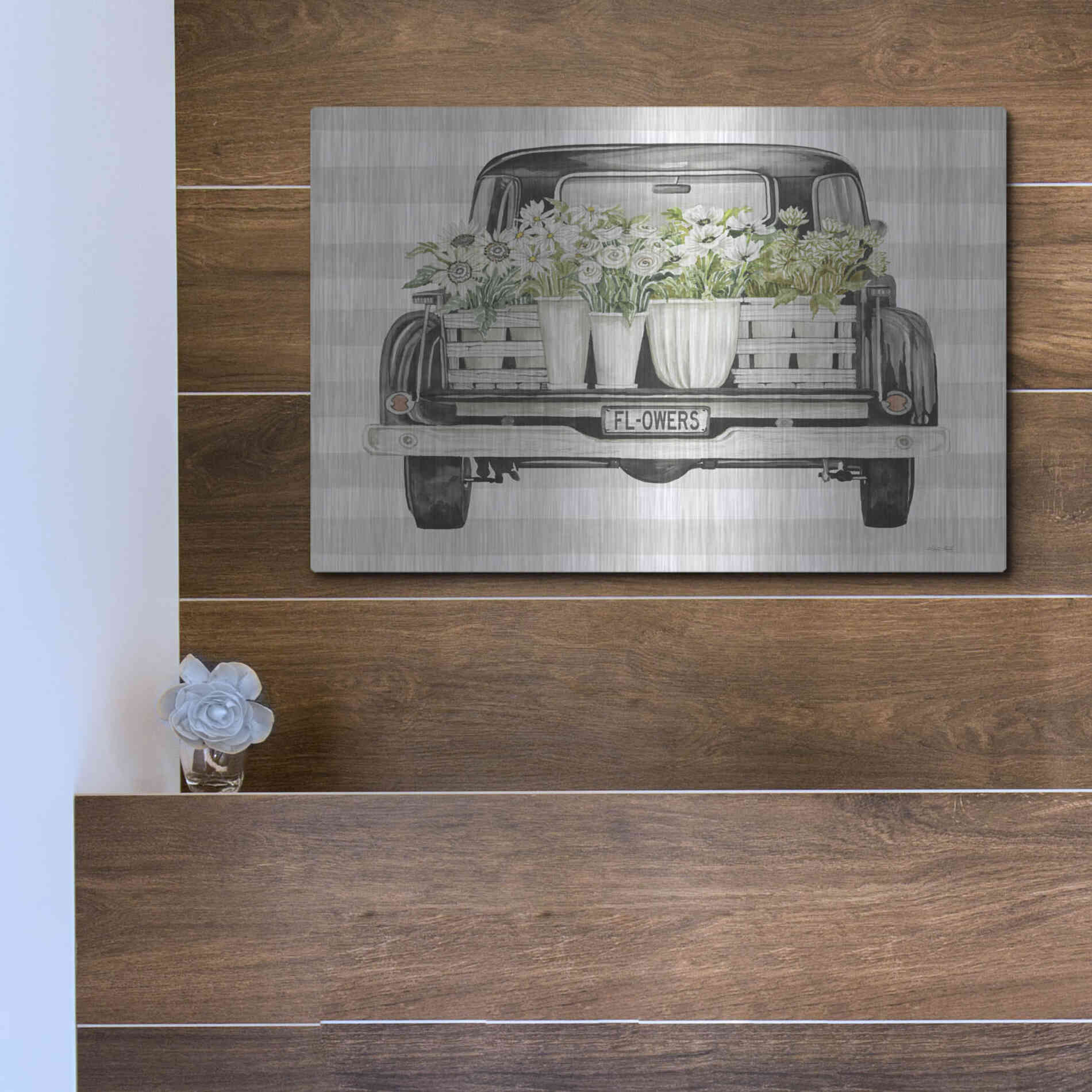 Luxe Metal Art 'Flower Lover's Truck' by Cindy Jacobs, Metal Wall Art,16x12