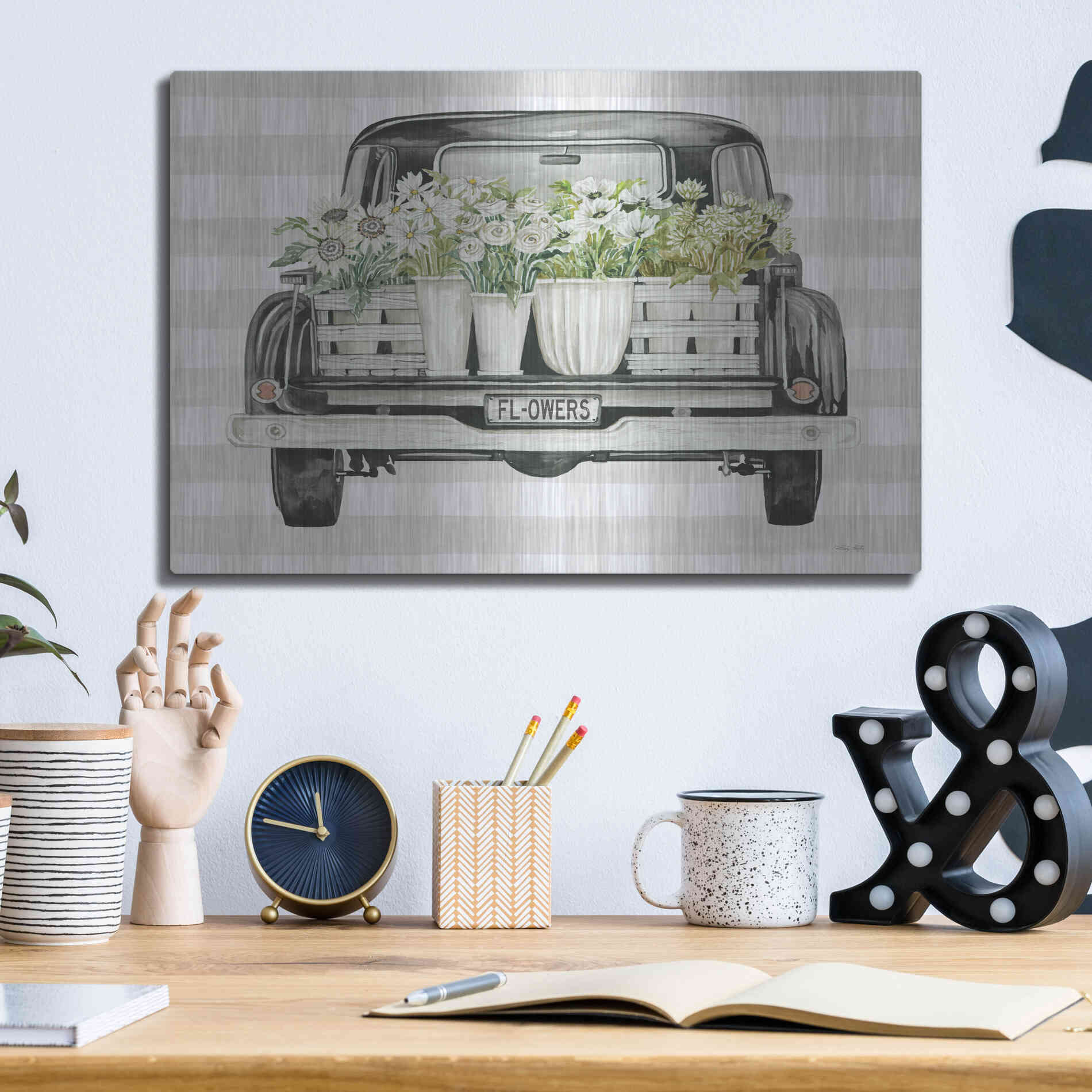 Luxe Metal Art 'Flower Lover's Truck' by Cindy Jacobs, Metal Wall Art,16x12